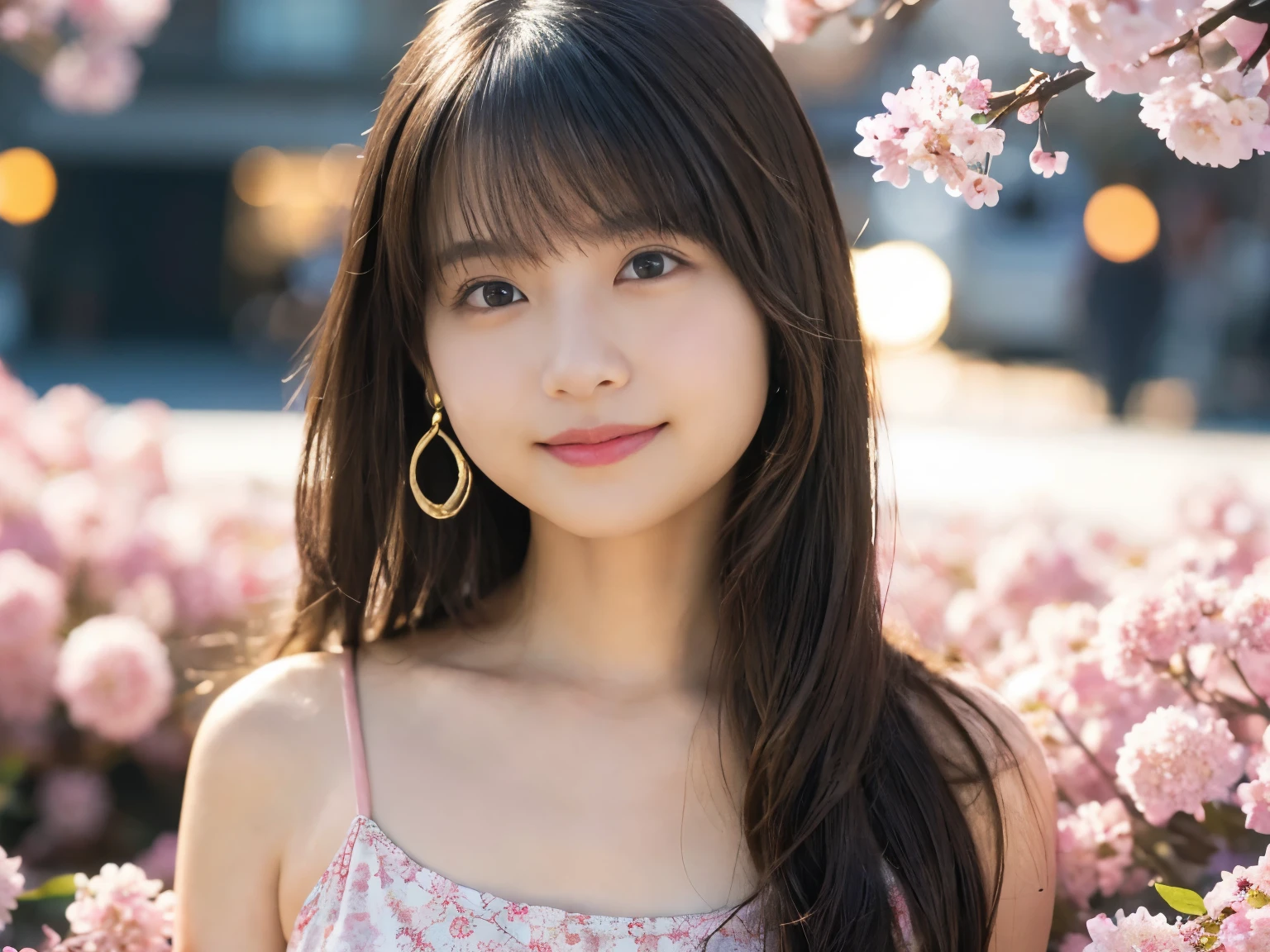 (8K, highest quality, masterpiece:1.2), (realistic, Photoreal:1.37), Super detailed, one woman,cute, alone,beautiful and detailed sky,date,(鼻をblush),(laughter:1.15),(closed mouth)small breasts、beautiful and detailed eyes、(hair length: 1.2)、Floating hair NovaFrogStyle、wavy hair、Upper body、Tank top、18 year old female、smile、(In 4K, best quality, High resolution:1.1), (Reality, photorealistic:1), (cute type:1.8), solo, detailed eyes, brown eyes, innocent eyes, blush, 最高masterpiece作品, beautiful lights, movie lights, movie particles, Jewelry is, heart shaped earrings, bangs, cherry lips, look at the audience, ponytail, side ponytail, Depth of the bounds written, background blur, eye focus, 85mm lens, Breasts F/1.4, professional lighting, photon mapping, radio city, Physically based rendering, high detail, muste piece,lots of sakura flowers、Spring coordination、楽しいsmileで