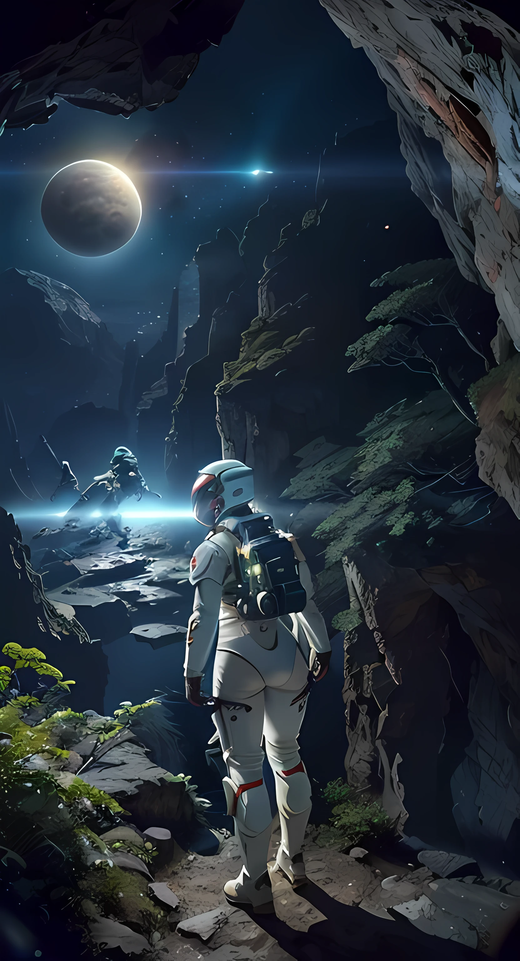 (35mmstyle:1.2), Highly detailed RAW color Photo, Rear Angle, Full Body, of (female space marine, wearing white and red space suit, futuristic helmet, tined face shield, rebreather, accentuated booty), outdoors, (standing on Precipice of tall rocky mountain, looking out at magical lush green rain forest on alien planet), vivid detail, (exotic alien planet), toned body, big butt, (sci-fi), (mountains:1.1), (lush green vegetation), (two moons in sky:0.8), (highly detailed, hyperdetailed, intricate), (lens flare:0.7), (bloom:0.7), particle effects, raytracing, cinematic lighting, shallow depth of field, photographed on a Sony a9 II, 35mm wide angle lens, sharp focus, cinematic film still from Gravity 2013, viewed from behind, dynamic angle