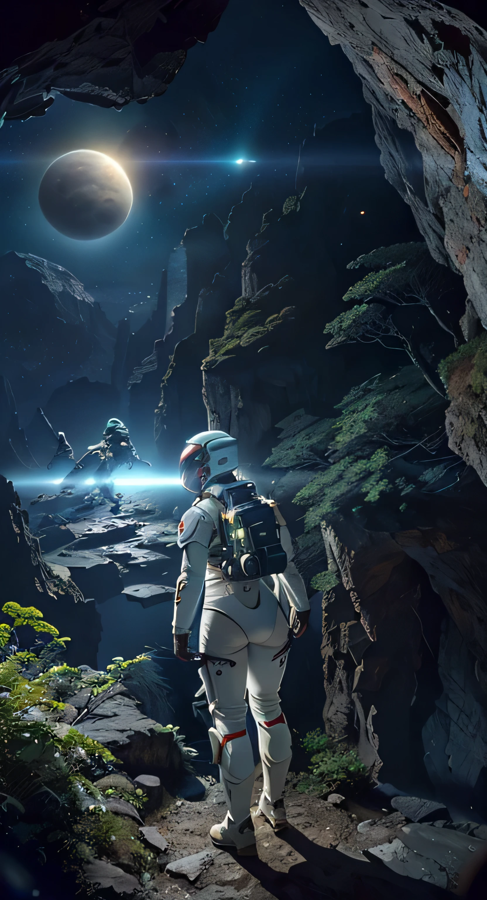 (35mmstyle:1.2), Highly detailed RAW color Photo, Rear Angle, Full Body, of (female space marine, wearing white and red space suit, futuristic helmet, tined face shield, rebreather, accentuated booty), outdoors, (standing on Precipice of tall rocky mountain, looking out at magical lush green rain forest on alien planet), vivid detail, (exotic alien planet), toned body, big butt, (sci-fi), (mountains:1.1), (lush green vegetation), (two moons in sky:0.8), (highly detailed, hyperdetailed, intricate), (lens flare:0.7), (bloom:0.7), particle effects, raytracing, cinematic lighting, shallow depth of field, photographed on a Sony a9 II, 35mm wide angle lens, sharp focus, cinematic film still from Gravity 2013, viewed from behind, dynamic angle
