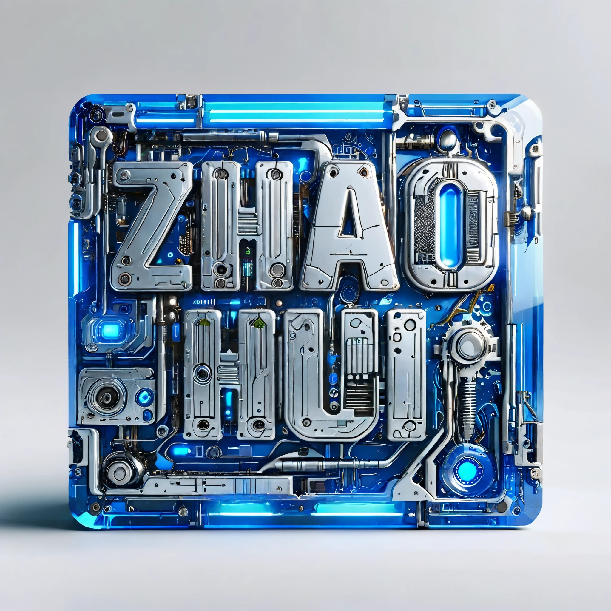 (Metal card), Digital Art,Cyberpunk,White ceramic housing,blue transparent glass,3D rendering,ray tracing,Reasonable structure,Complex internal structure