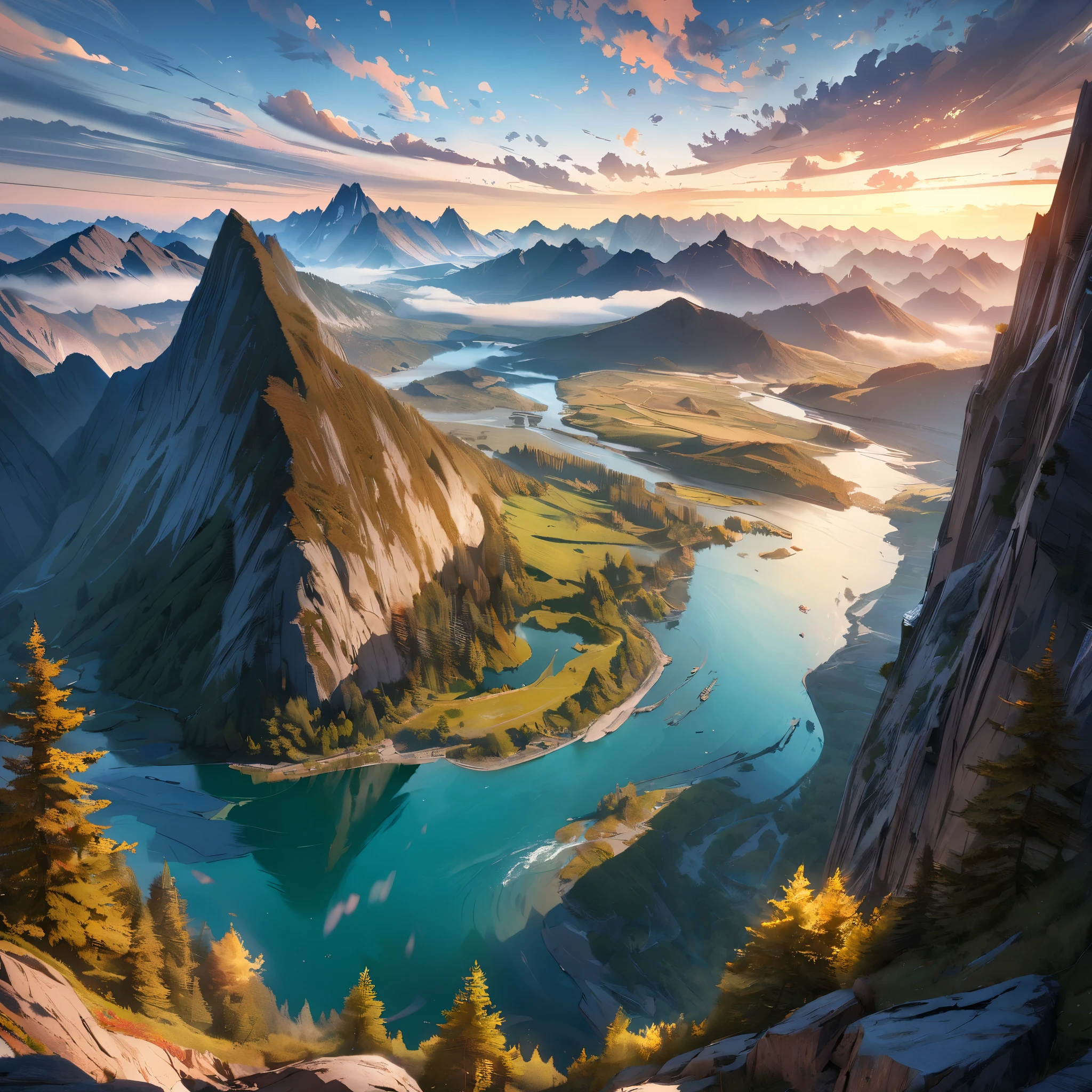 (best quality,4k,8k,highres,masterpiece:1.2),ultra-detailed,panoramic view,landscape,majestic mountains,flowing water,misty clouds,sky,trees,rocks,spectacular,nature,wide angle lens,realistic scenery,vivid colors,sharp focus,physically-based rendering,stunning vista