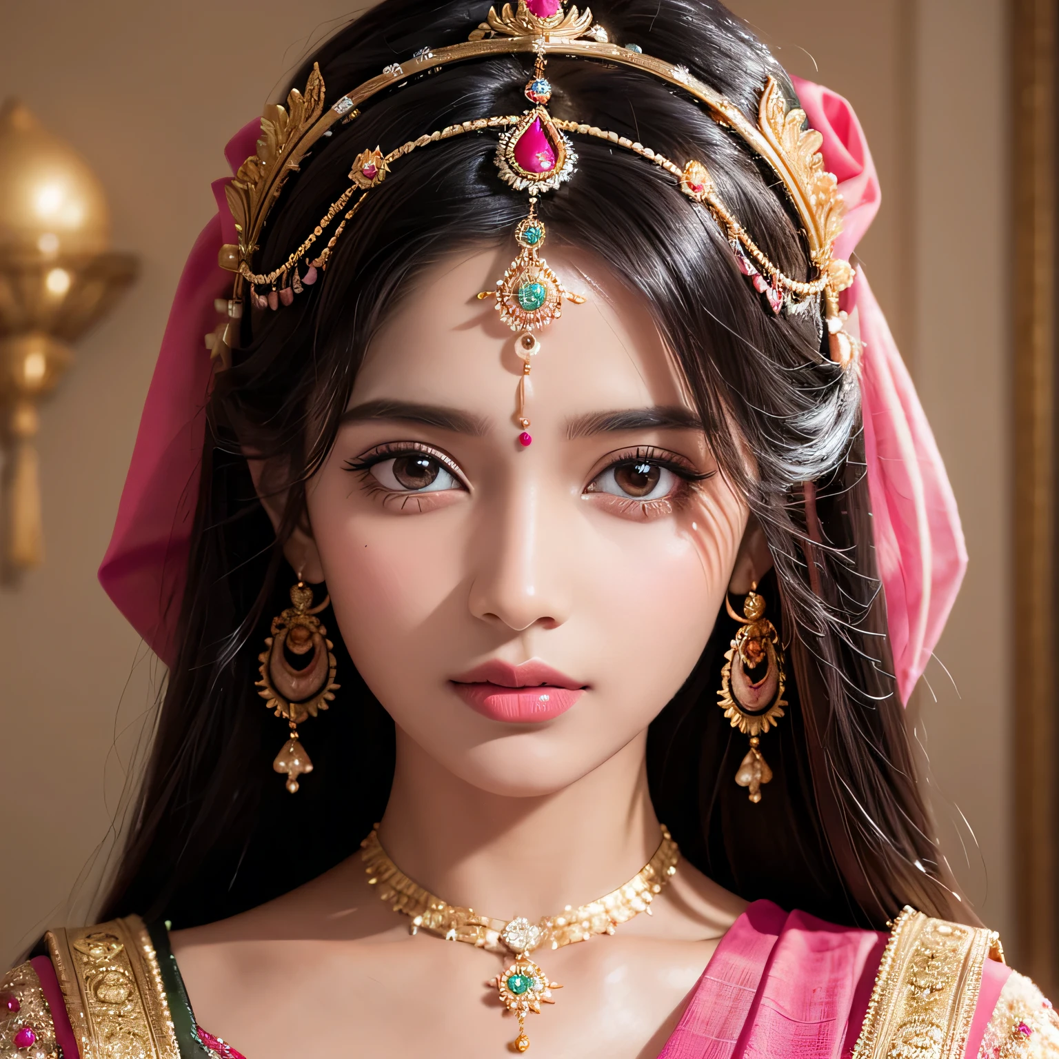 a painting of a woman in a pink sari with gold jewelry, indian goddess of wealth, indian goddess, a stunning portrait of a goddess, portrait of a beautiful goddess, 3 d goddess radha portrait, portrait painting of radha rani, beautiful character painting, inspired by Shri Radha rani, goddess radha, Shri Radha, traditional female hairstyles, goddess portrait, beautiful avatar pictures, goddess close-up portrait