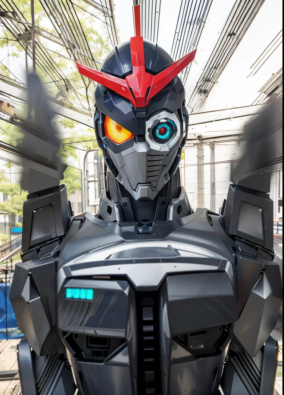 a close up of a robot with a red and blue eye, anime robotic mixed with organic, an anime large mecha robot, giant anime mecha, style of ssss.gridman (2018), anime robots, gundam head, mecha anime, cool mecha style, ssss.gridman, robot monster in background, modern mecha anime, giant robot