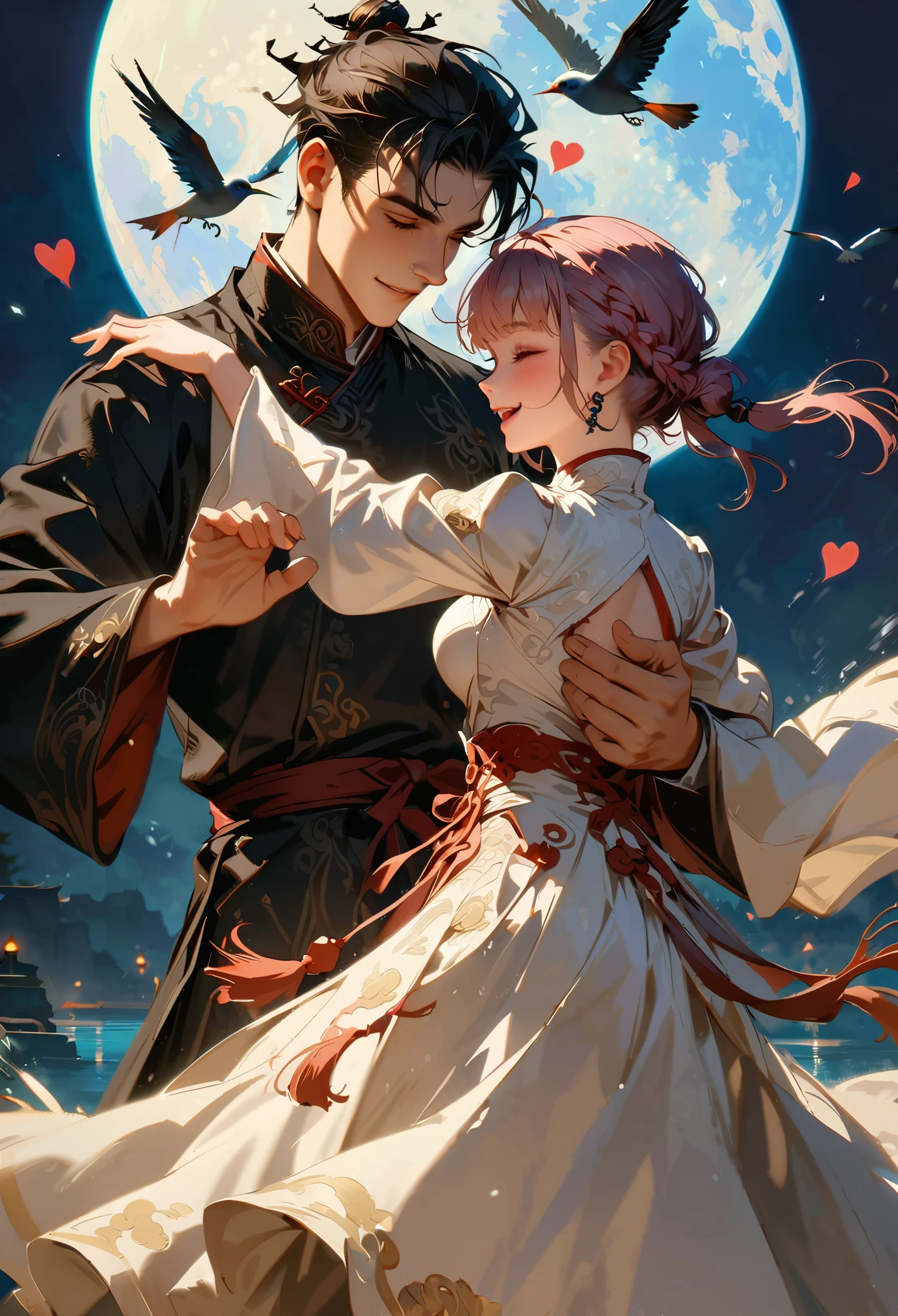 style10,(Super detailed CG unified 8k personalized wallpaper，masterpiece level,Best image quality),a young man and a woman，couple，is dancing，pleasure，Elated，like，Heart-shaped，Minato，flying bird，moon，Chinese ancient style，Chinese clothing，