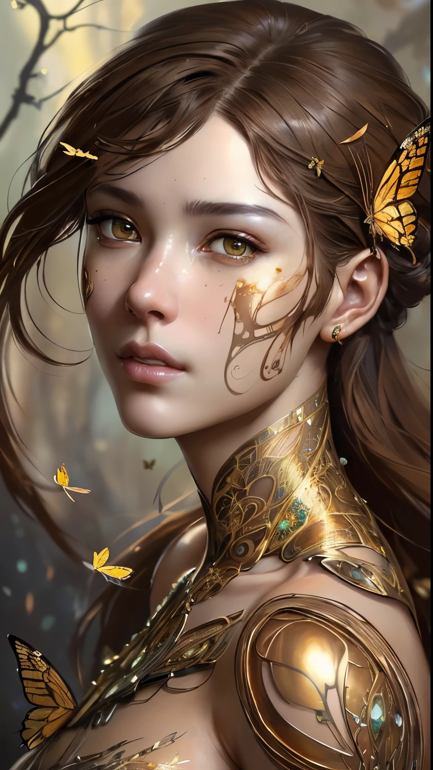 8k portrait of beautiful cyborg with brown hair, intricate, elegant, highly detailed, majestic, digital photography, art by artgerm and ruan jia and greg rutkowski surreal painting gold butterfly filigree, broken glass, (masterpiece, sidelighting, finely detailed beautiful eyes: 1.2), hdr,