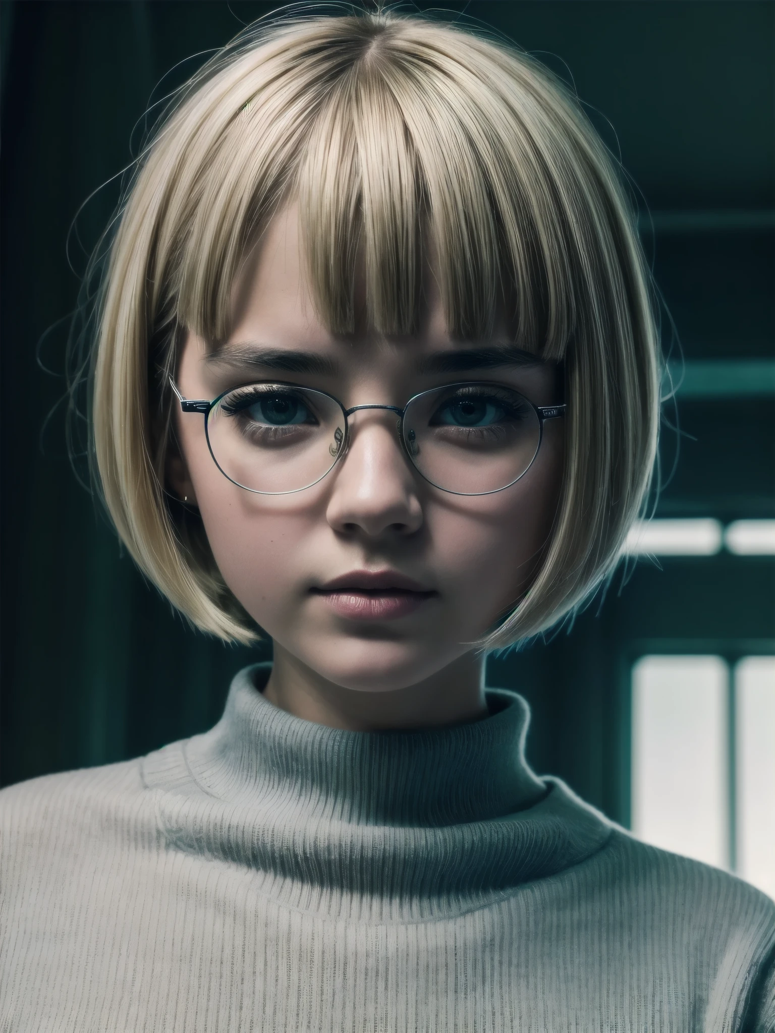 1girl, solo, blonde, bobcut, cute, bright pupils, glasses, sweater, RAW photo, (high detailed skin:1.2), 8k UHD, DSLR, soft lighting, high quality, film grain, Fujifilm XT3, RAW candid cinema, 16mm, color graded portra 400 film, remarkable color, ultra realistic, remarkable detailed pupils, shot with cinematic camera