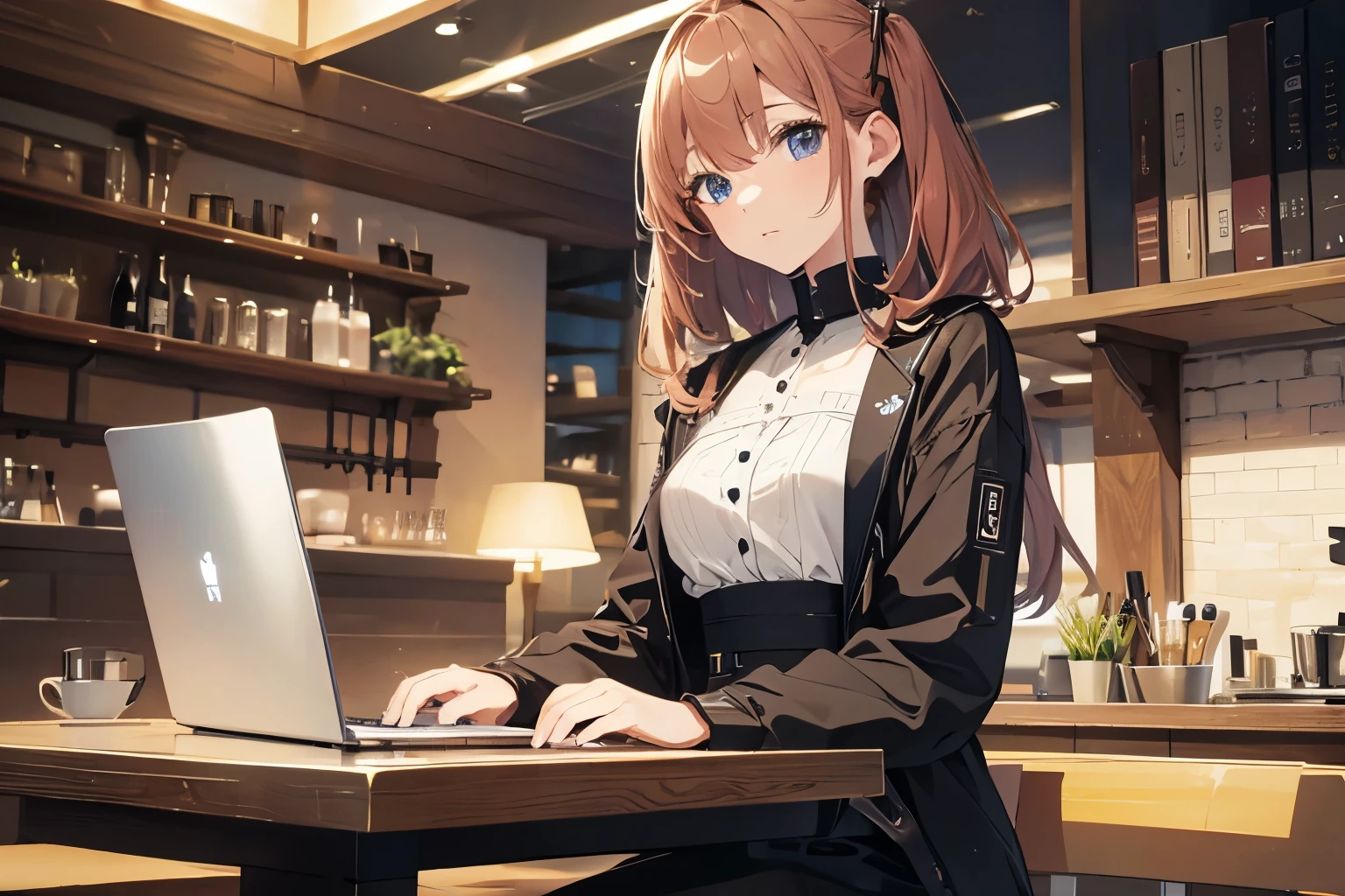 (8K、highest quality、masterpiece:1.2)、A woman operating a laptop computer in a stylish cafe、28 years old、adult atmosphere、