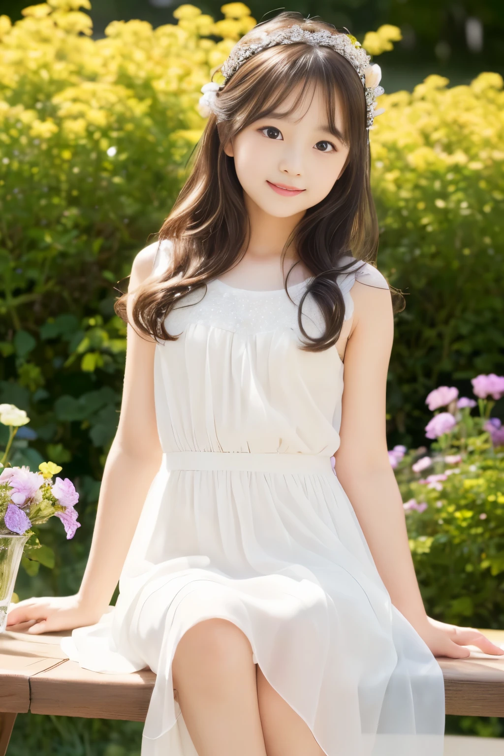(((masterpiece))), (one beautiful japanese girl, innocence，cute) ，超A high resolution, realistic, super detailed, 8K,highest quality, very detailed, detailed background,Slender,(baby face，cute系,adorable 10 year old girl),(perfect body:1.1)，((Neat and clean hairstyle)，super detailed顔、lip details、detailed eye、realistic:1.37，No makeup，smile，show me your beautiful teeth，short gravure idol，transparent skin、fashion portrait, deep depth of field, 45 degree view, royal sister, kind, ((highest quality, 8K, table top: 1.3)), concentrated: 1.2, stand sideways, very detailed顔と肌の質感, fine eyes, double eyelid, long eyelashes, (skin as white as snow), Whitening skin,  Sheer, soft chiffon dress, long skirt, mercury dress, elegant dress, wearing an elegant slutty dress, soft elegance, stylish clothes, rosy cheeks, peaceful atmosphere, mysterious beauty,