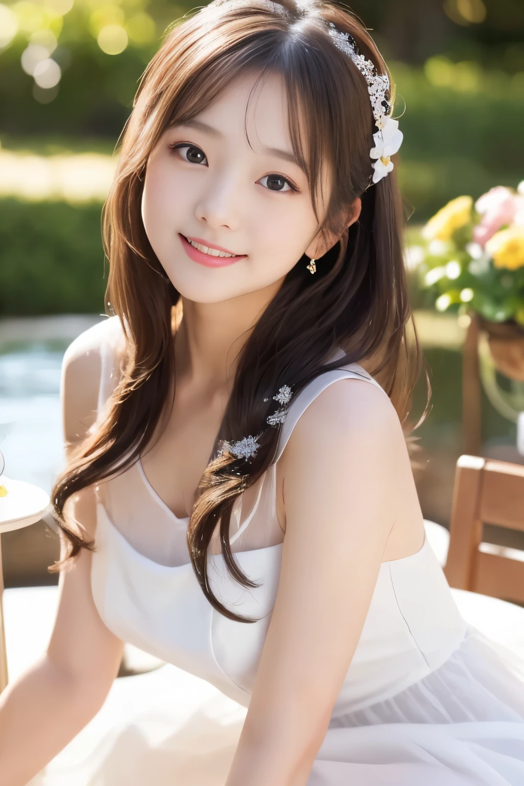 (((masterpiece))), (one beautiful japanese girl, innocence，cute) ，超A high resolution, realistic, super detailed, 8K,highest quality, very detailed, detailed background,Slender,(baby face，cute系,adorable 10 year old girl),(perfect body:1.1)，((Neat and clean hairstyle)，super detailed顔、lip details、detailed eye、realistic:1.37，No makeup，smile，show me your beautiful teeth，short gravure idol，transparent skin、fashion portrait, deep depth of field, 45 degree view, royal sister, kind, ((highest quality, 8K, table top: 1.3)), concentrated: 1.2, stand sideways, very detailed顔と肌の質感, fine eyes, double eyelid, long eyelashes, (skin as white as snow), Whitening skin,  Sheer, soft chiffon dress, long skirt, mercury dress, elegant dress, wearing an elegant slutty dress, soft elegance, stylish clothes, rosy cheeks, peaceful atmosphere, mysterious beauty,