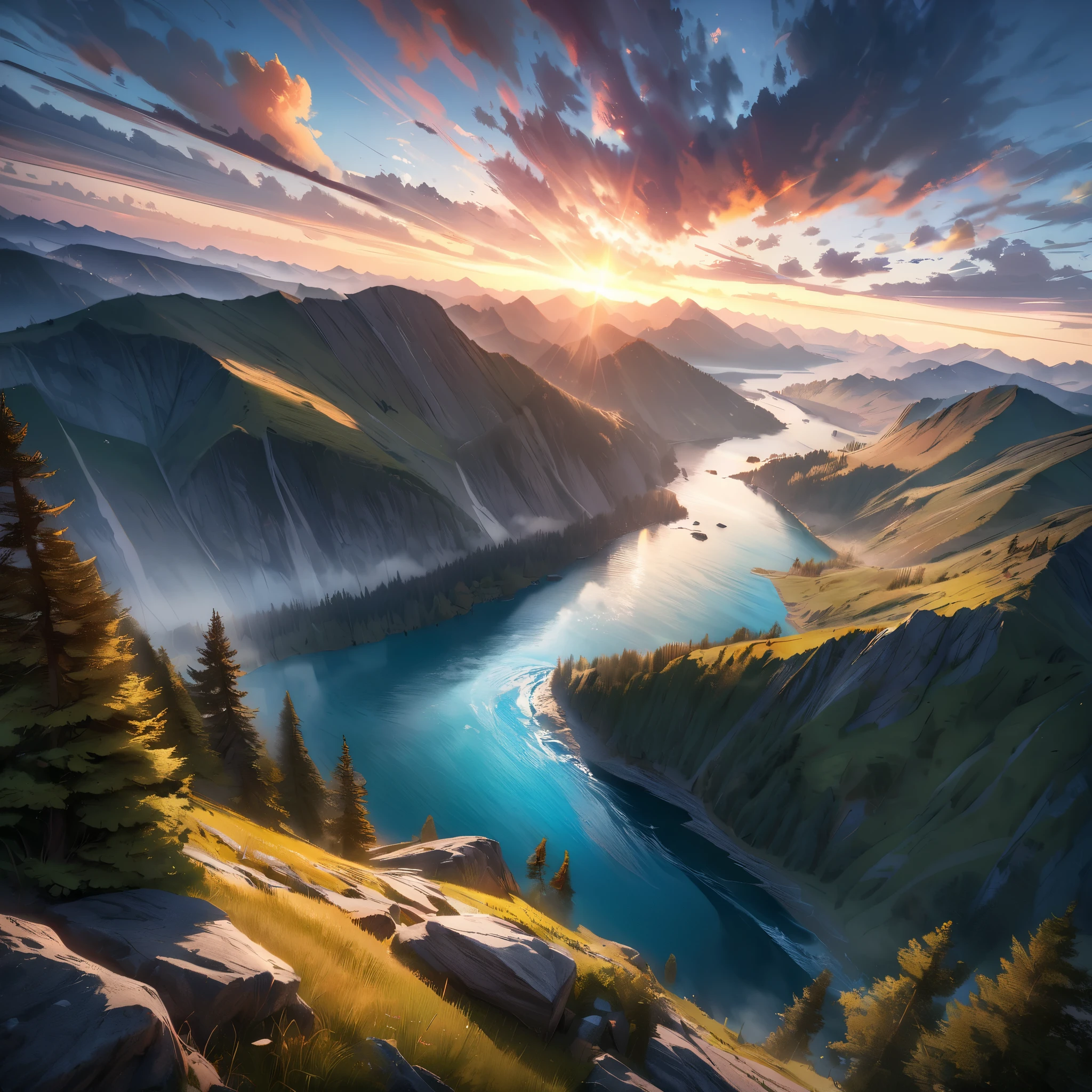 (best quality,4k,8k,highres,masterpiece:1.2),ultra-detailed,panoramic view,landscape,majestic mountains,flowing water,misty clouds,sky,trees,rocks,spectacular,nature,wide angle lens,realistic scenery,vivid colors,sharp focus,physically-based rendering,stunning vista