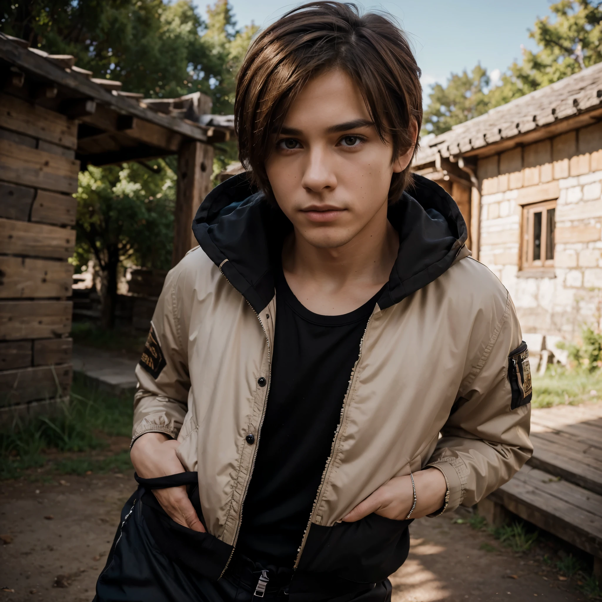 8k, ultra high resolution, boy, realistis human skin, brown hair, nepo style hair cut, high quality jacket, adventure mountain, focus on pupil, long neck, black pant