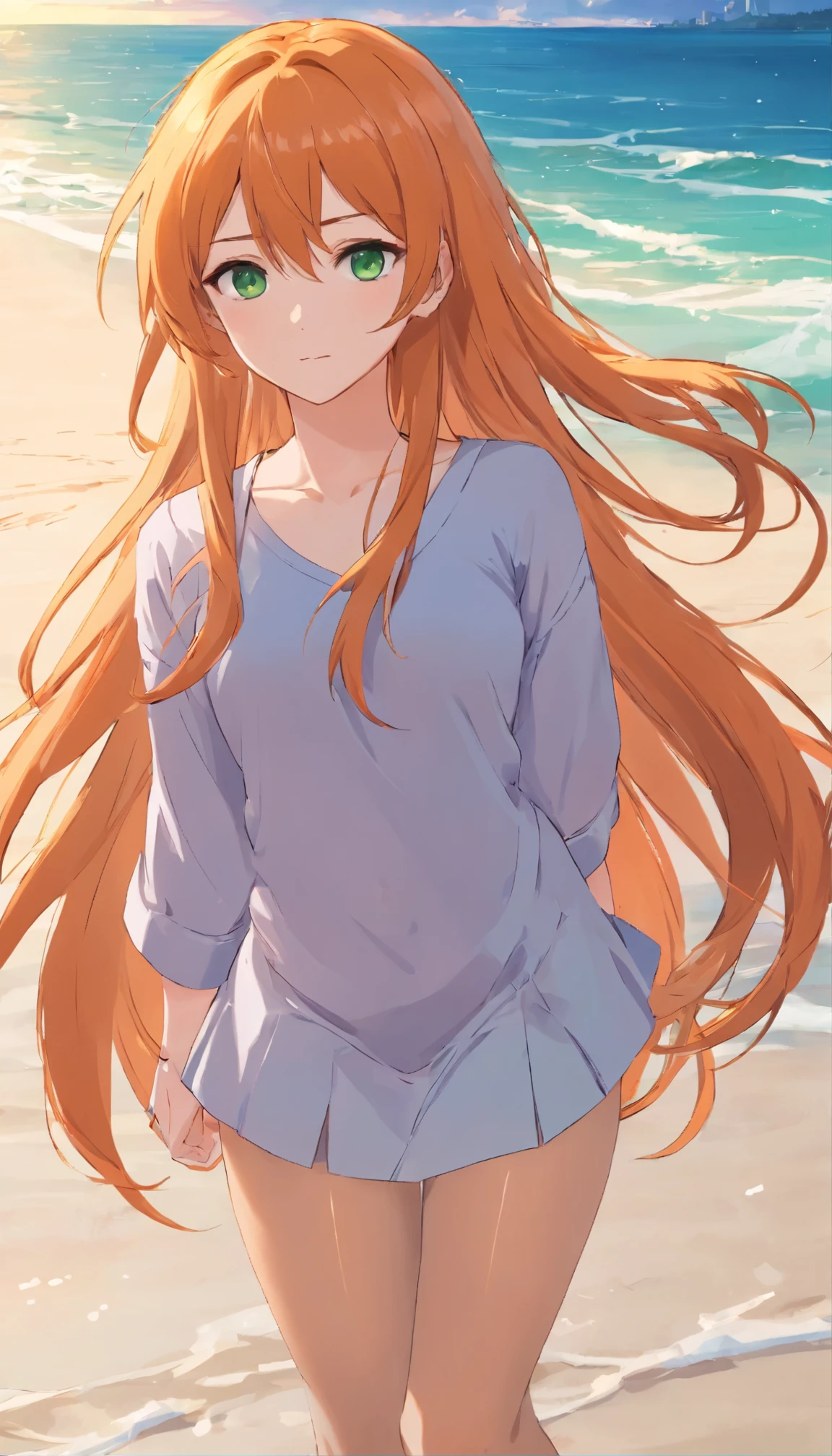 Anime girl with long orange hair, standing on the beach near the ocean, green eyes detailed digital anime art, anime girl with long hair, гладкое аниме cg art, anime girl with long hair, digital anime art, work in Guweiz style, Beautiful anime portrait, Photorealistic render of an anime girl, pantyhose, Beautiful anime girl, advanced digital anime art, guweiz на artstation pixiv HD UHD HQ