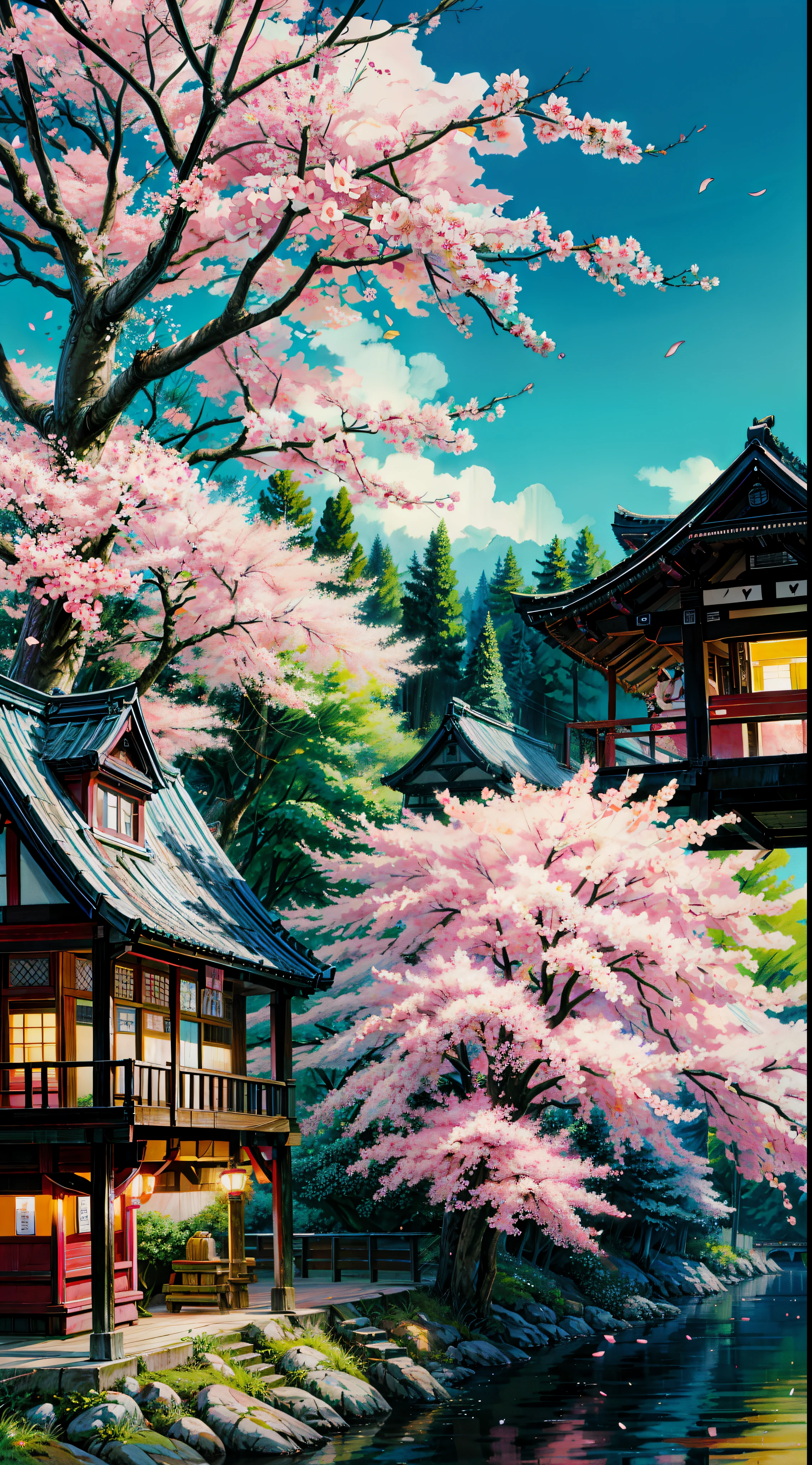 Painting of a tree with pink flowers in front of a building, sakura blooming on background, cherry blossom falling, sakura season, sakura tree in background, spring season city, japan at night, tokyo background, ( colorful ), by Sōami, by Torii Kiyomitsu, by Torii Kiyomoto, in tokyo at night, by Ike no Taiga, 4k hd,, beautiful art uhd 4 k, a beautiful artwork illustration, beautiful digital painting, highly detailed digital painting, beautiful digital artwork, detailed painting 4 k, very detailed digital painting, rich picturesque colors, gorgeous digital painting