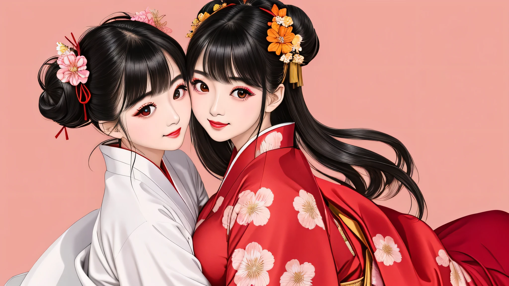Each has a different expression２People and sisters、(２ girls）、｟Dancing traditional performing arts gracefully)、((big breasts、small face、not exposed))、highest quality、masterpiece、（black hair、Bun Hair）、brown eyes、｟wide angle、Angle from above, from the waist up、Pause on the magazine cover、Each person has a different perspective when looking into the distance｠、(８K high quality、masterpiece、High resolution、Realistic and beautiful light and shadow、(highest quality)、(high resolution)、(very delicate and beautiful)、(beautiful 8k face)、(Close your eyes while smiling、Beautiful eyes)、(Transparent skin)、(soft hair)、(８head and body)、(Japanese-style yukata kimono with red, pink, and orange floral patterns on a white background, mixed with gold powder、Five beautiful Japanese girls wearing yukata)、((tanabata decoration background))、((small face))、(arms up)、thin and small nose、（red lipstick）、（make cheeks red）、（Glossy skin）、((Ink painting style))、extremely thin eyebrows、Overall super high quality、（She wears maiko-style makeup）、Whitening、long and beautiful eyelashes、Glossy skin、（red cheeks）,straight nose、masterpiece、highest quality、whole body、 eyebrows visible through hair、Bun Hair、grin、gal、Kogal、Viewer&#39;s perspective、Plaid、Fashionable、woman、fine、Pause、
Waiting to start 

