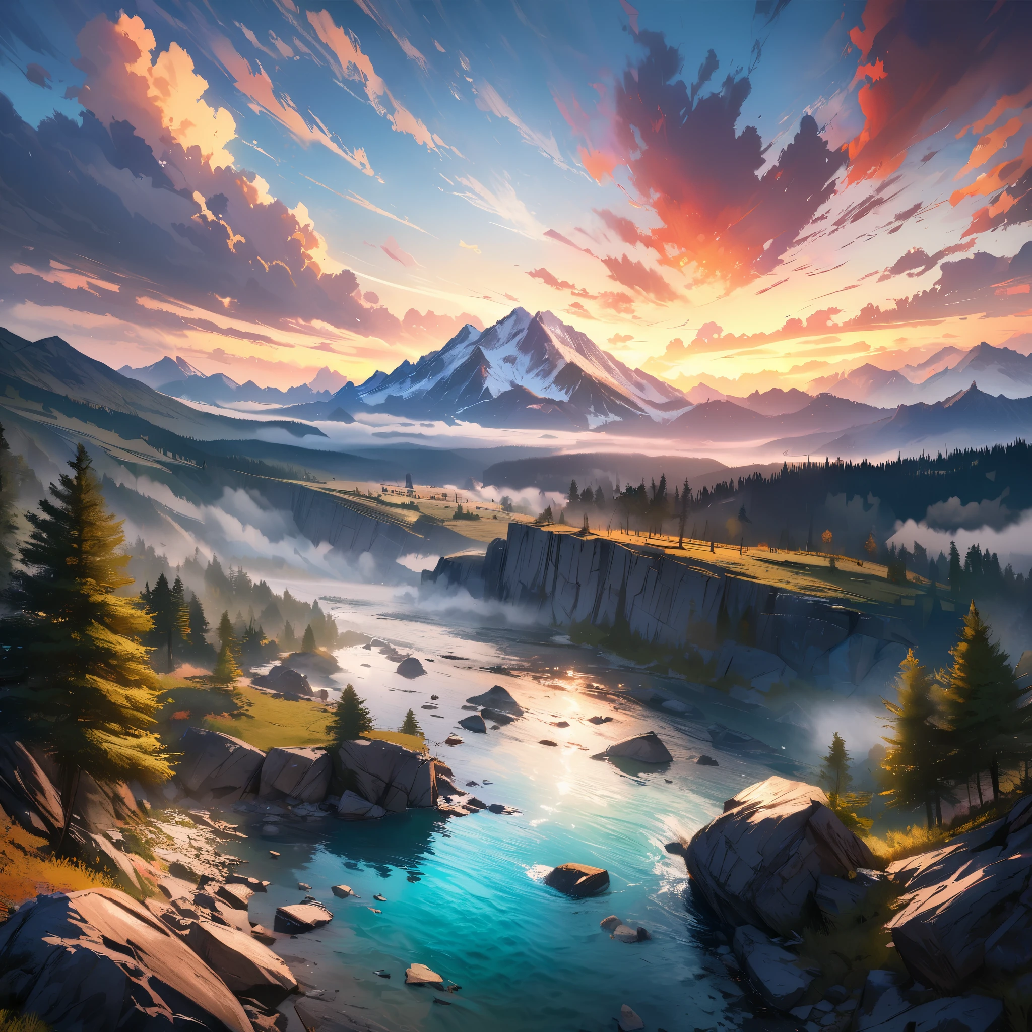 (best quality,4k,8k,highres,masterpiece:1.2),ultra-detailed,panoramic view,landscape,majestic mountains,flowing water,misty clouds,sky,trees,rocks,spectacular,nature,wide angle lens,realistic scenery,vivid colors,sharp focus,physically-based rendering,stunning vista
