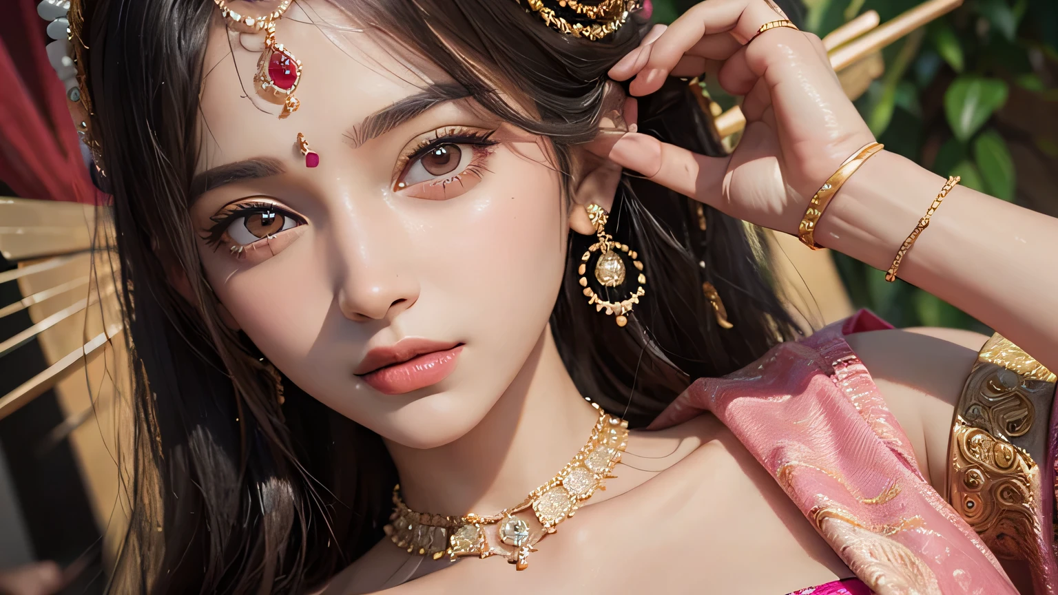 a painting of a woman in a pink sari with gold jewelry, indian goddess of wealth, indian goddess, a stunning portrait of a goddess, portrait of a beautiful goddess, 3 d goddess radha portrait, portrait painting of radha rani, beautiful character painting, inspired by Shri Radha rani, goddess radha, Shri Radha, traditional female hairstyles, goddess portrait, beautiful avatar pictures, goddess close-up portrait