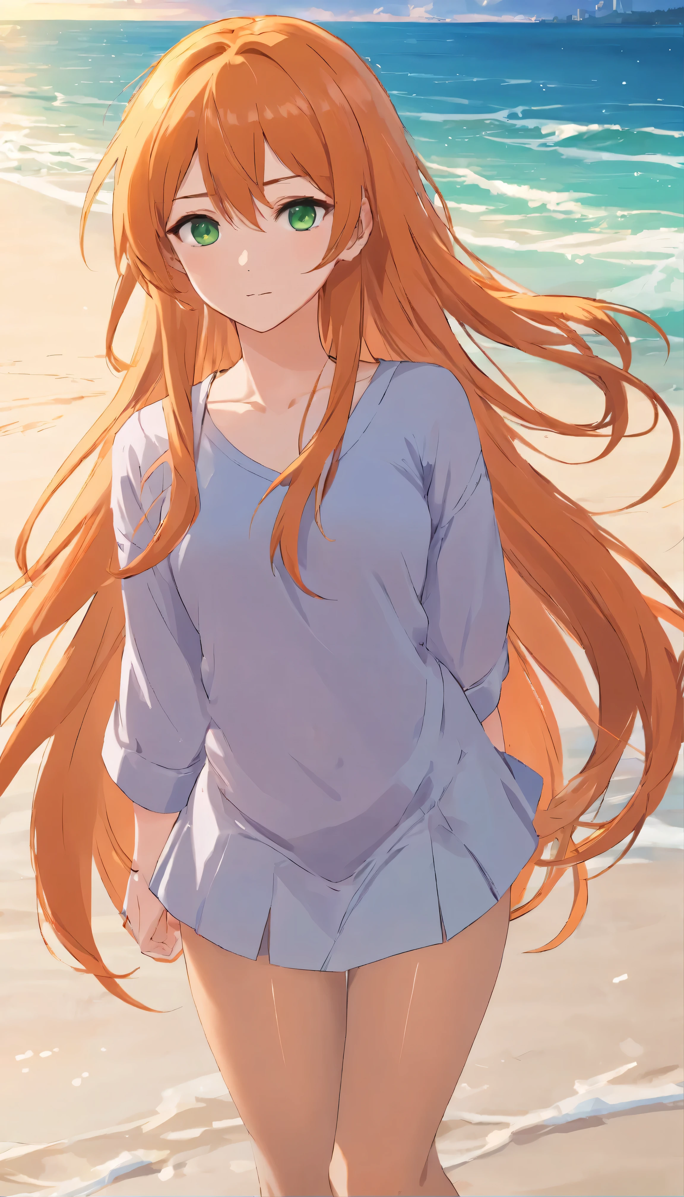 Anime girl with long orange hair, standing on the beach near the ocean, green eyes detailed digital anime art, anime girl with long hair, гладкое аниме cg art, anime girl with long hair, digital anime art, work in Guweiz style, Beautiful anime portrait, Photorealistic render of an anime girl, pantyhose, Beautiful anime girl, advanced digital anime art, guweiz на artstation pixiv HD UHD HQ