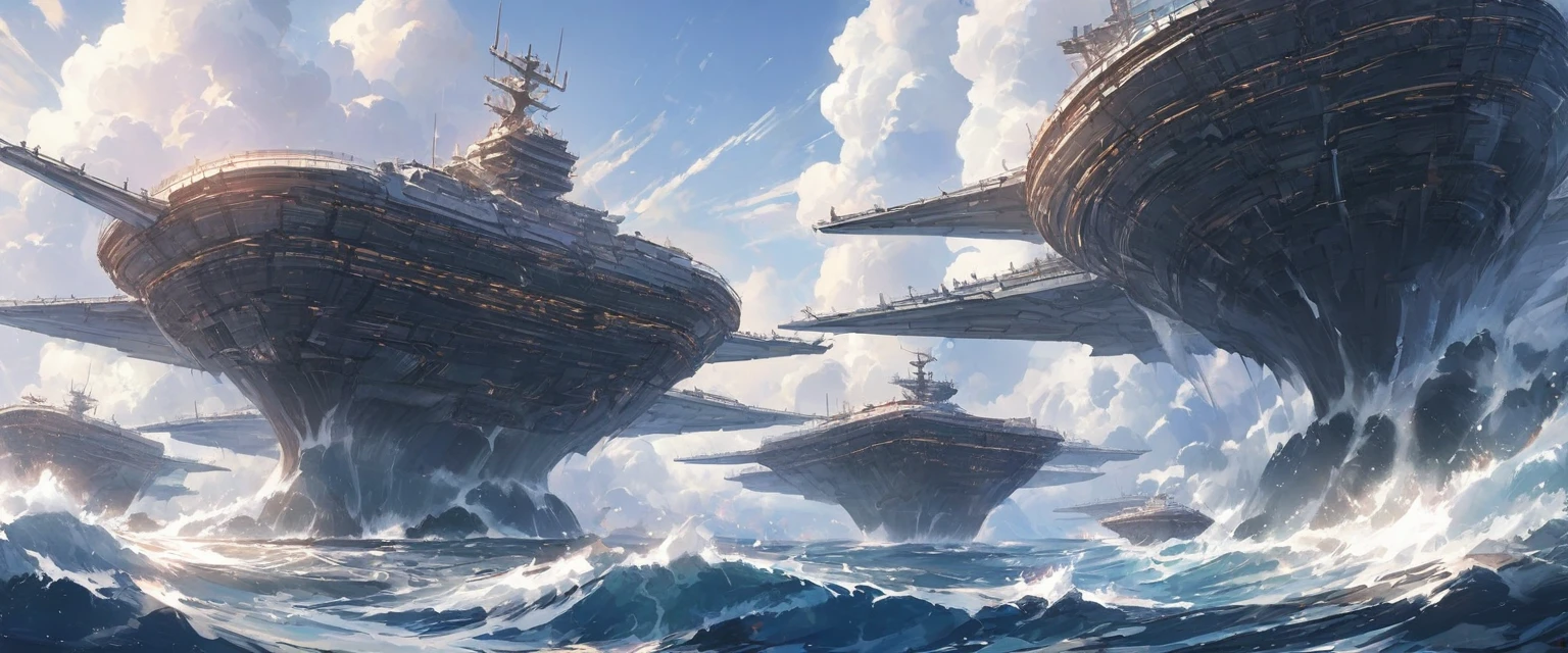 An awe-inspiring ultra-wide-angle photograph of a flagship aircraft carrier, dominating the frame with its massive size and sleek hull. The ship cuts through the water, leaving a trail of white foam in its wake. The towering superstructure is adorned with various antennas, radar arrays, and aircraft catapults. Deck crew can be seen moving across the vast flight deck, appearing small in comparison to the ship's immense scale. The horizon stretches out in the background, emphasizing the carrier's power and reach across the seas.