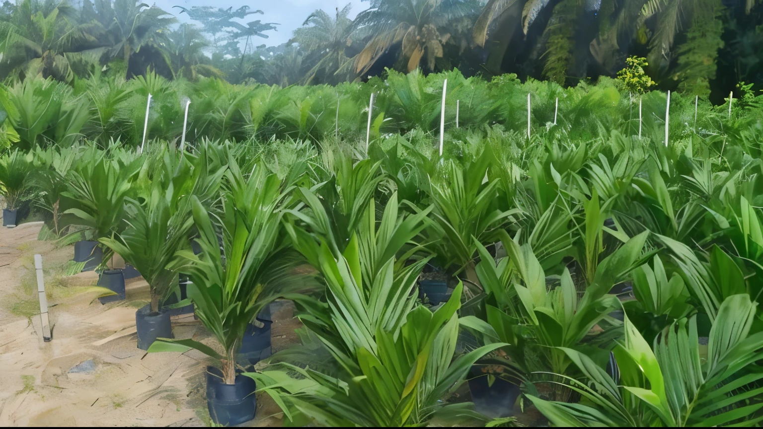 a close up of a field of palm trees with a dirt road, blessing palms, with interior potted palm trees, date palm trees, the palms come from the ground, coconut palms, coconut trees, large plants in the background, tropical plants, tree palms in background, with potted palm trees, subtropical plants, tropical flower plants, palmtrees, lush environment, tropical palms