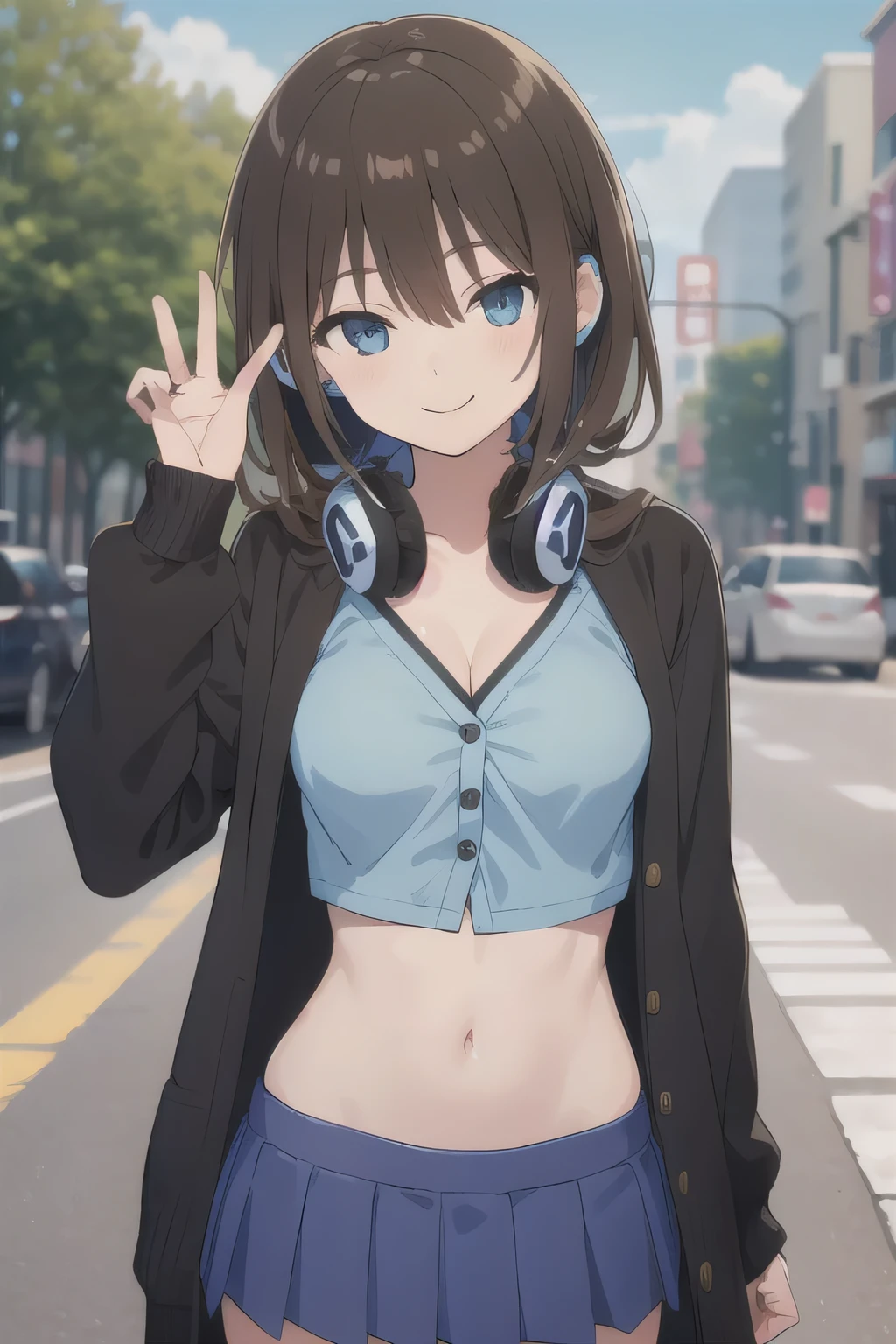 All intricate details step by step: "(2d, masterpiece, best quality, anime, highly detailed, 1girl, solo, cowboy shot, nakano miku, brown hair, hair between eyes, blue cardigan, headphones, Crop top ,  skirt, miniskirt, medium breasts, standing, , outdoors, smile, very sexy pose)"