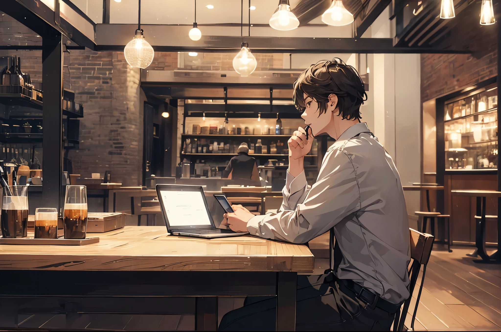 (8K、highest quality、masterpiece:1.2)、A man operating a laptop in a stylish cafe、28 years old、adult atmosphere、casual clothes、Close-up