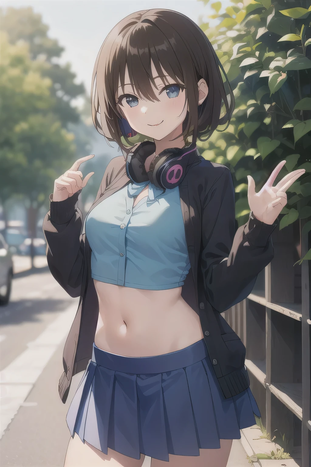 All intricate details step by step: "(2d, masterpiece, best quality, anime, highly detailed, 1girl, solo, cowboy shot, nakano miku, brown hair, hair between eyes, blue cardigan, headphones, Crop top ,  skirt, miniskirt, medium breasts, standing, , outdoors, smile, very sexy pose)"