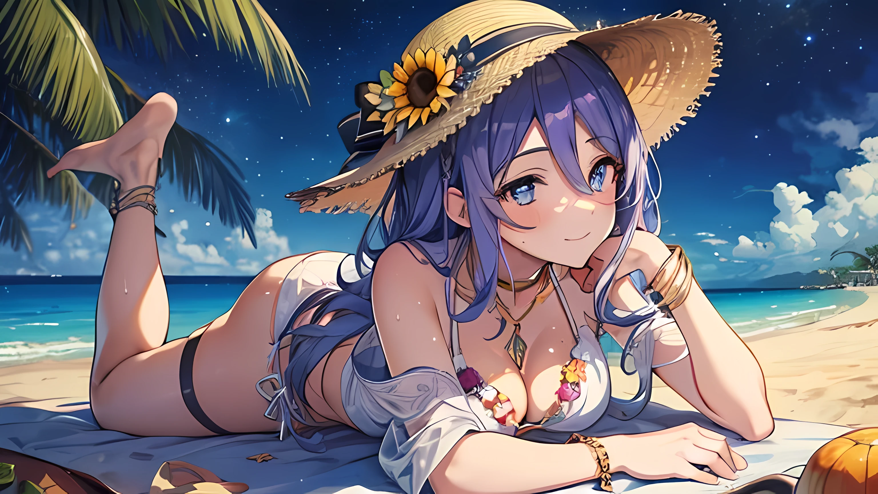 (ultra high resolution, 8K wallpaper, masterpiece, extremely detailed illustration, clear focus), anime moe artstyle, (POV), 1 girl, solo, looking at viewers, sumshizuru, long hair, purple hair, straw hat, twin braids, white bikini, necklace, flower bracelet, belt, thigh strap, sunflower, bright fine pupils, beautiful eyes with highlight, high detailed face, ((lying on the sandy beach)), smile, closed mouth, outdoor, beach, wet, palm trees, night, starry sky, cinematic lighting, (correct anatomy),
