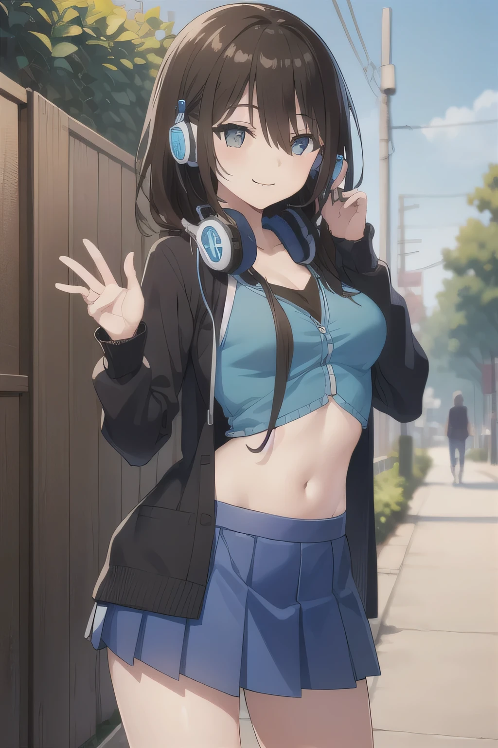 All intricate details step by step: "(2d, masterpiece, best quality, anime, highly detailed, 1girl, solo, cowboy shot, nakano miku, brown hair, hair between eyes, blue cardigan, headphones, Crop top ,  skirt, miniskirt, medium breasts, standing, , outdoors, smile, very sexy pose)"