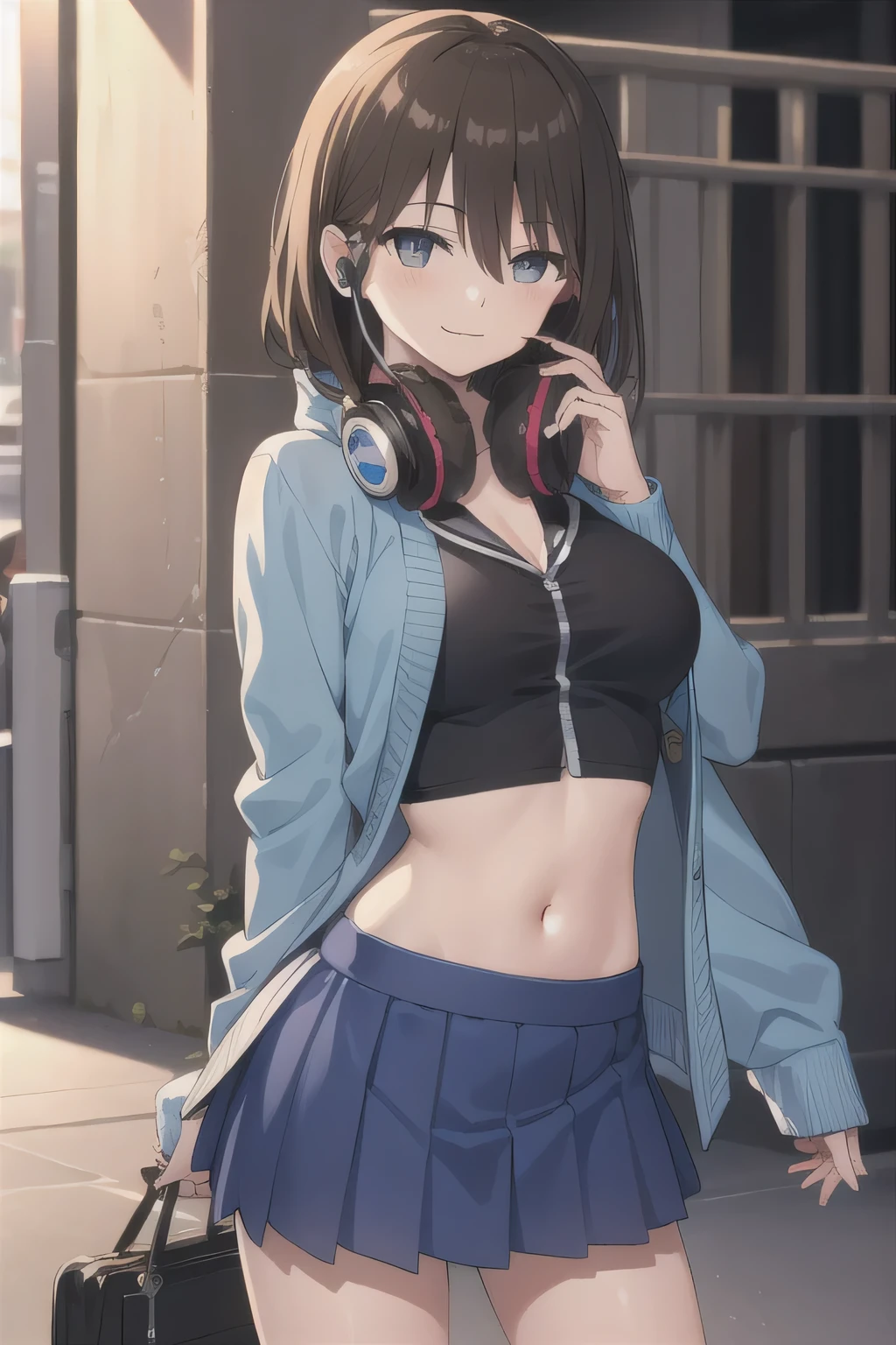 All intricate details step by step: "(2d, masterpiece, best quality, anime, highly detailed, 1girl, solo, cowboy shot, nakano miku, brown hair, hair between eyes, blue cardigan, headphones, Crop top ,  skirt, miniskirt, medium breasts, standing, , outdoors, smile, very sexy pose)"