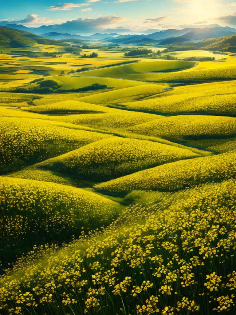 The super wide-angle scene looking at the vast land from above. The gorgeous rapeseed field super wide-angle scene can give the audience a shock.、Feel the splendor and openness of nature in the vast field of vision and the infinite possibilities of nature, the vastness of the movie scenes, the intricate art and super detailed、Exquisite and beautiful、masterpiece、Quality content is very detailed、Dynamic perspective high-definition high-quality art work by Master Jia