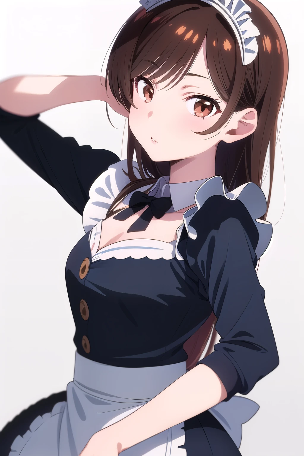 (1 woman), (brown eyes), (Intricate iris detailing), (front), (girl dressed as a maid), (Lower your eyes), (Chizuru Mizuhara), (White background)