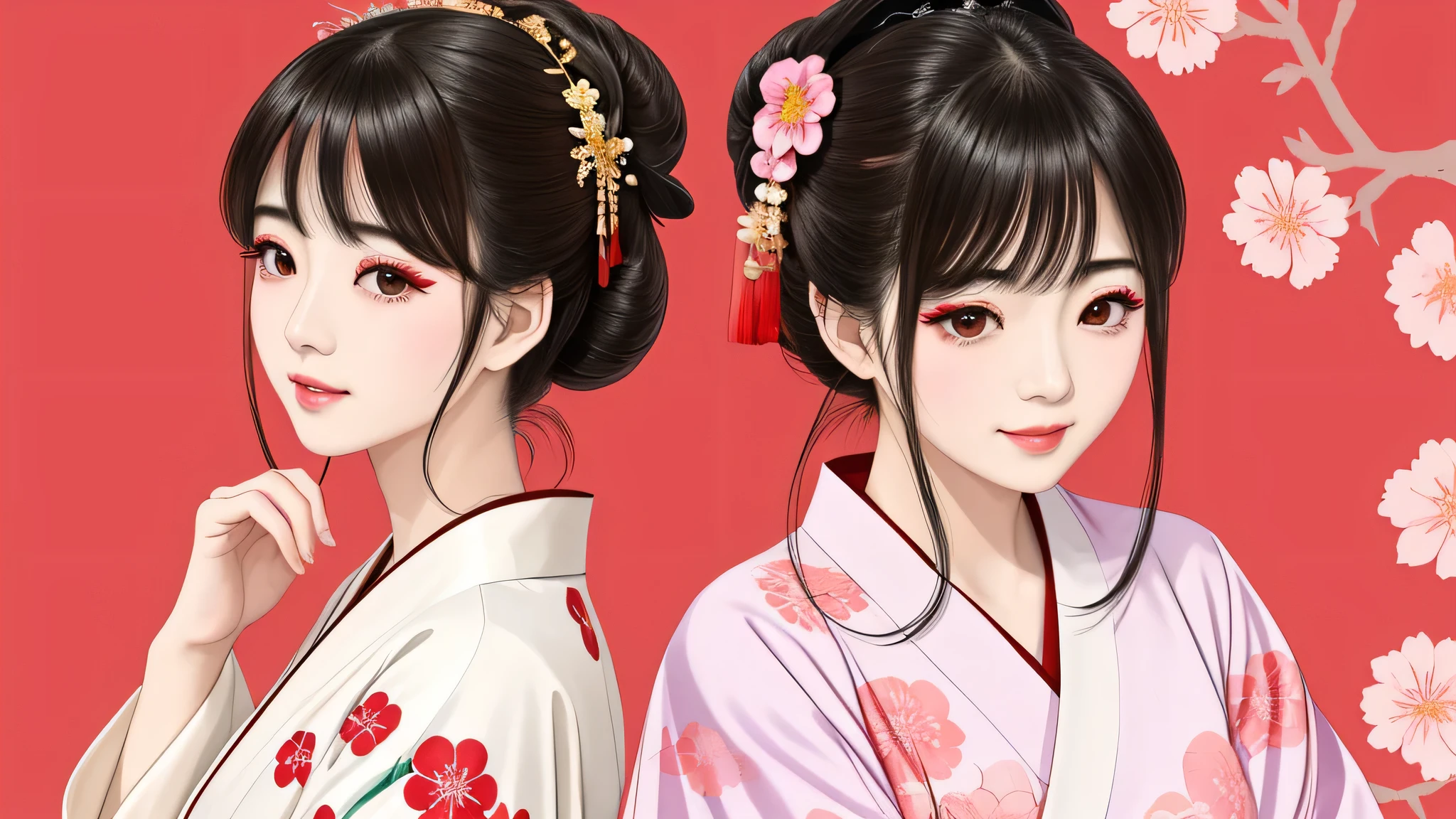 standing back to back, Close your eyes in embarrassment、Each has a different expression2People and sisters、(2 girl)、⦅Dancing elegantly in traditional performing arts)、((big breasts、small face、not exposed))、highest quality、masterpiece、(black hair、bun hair)、brown eyes、⦅wide angle、Angle from above, from the waist up、雑誌の表紙の躍動的stop temporarily、The way people see things in the distance differs from person to person.⦆、(8K high quality、masterpiece、High resolution、Realistic and beautiful light and shadow、(highest quality)、(High resolution)、(very delicate and beautiful)、(Beautiful 8K face)、(Close your eyes while smiling、beautiful eyes)、(transparent skin)、(Soft bristles)、(8head and body)、(red Japanese style yukata, pink, and orange floral pattern on a white background, mixed with gold powder、Wearing a yukata2日本の美しいgirl)、((tanabata decoration background))、((small face))、(Raise the hand)、thin and small nose、(red lipstick)、(make your cheeks red)、(Glossy skin)、((Ink painting style))、extremely thin eyebrows、Super high quality overall、(she wears maiko style makeup)、whitening、long and beautiful eyelashes、Glossy skin、(red cheeks),straight nose、masterpiece、highest quality、whole body、 eyebrows visible through hair、bun hair、grin and laugh、gal、コgal、viewer'point of view、plaid、Snazzy、woman、Are you okay、stop temporarily、
waiting to start