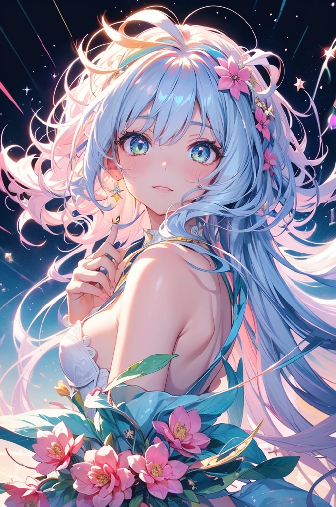 highest quality,ultra hd,be familiar with,number々Awards for,light,delicate hair,Eye for detail,god々pale pink,,be familiar withlight,Star clothes,clear eyes,はじけるようなlight,colorful,リムlight,rainbow light,gem, gemのような髪, shining eyes, god, amazing hair,宇宙のAngel,green eyes, eye-catching skin, fine decoration, Creative,opal,fluffy hair,Artistic,official art,Angel,creative color use,challenging,race,luminous background,SEX,NSFW,partially naked,