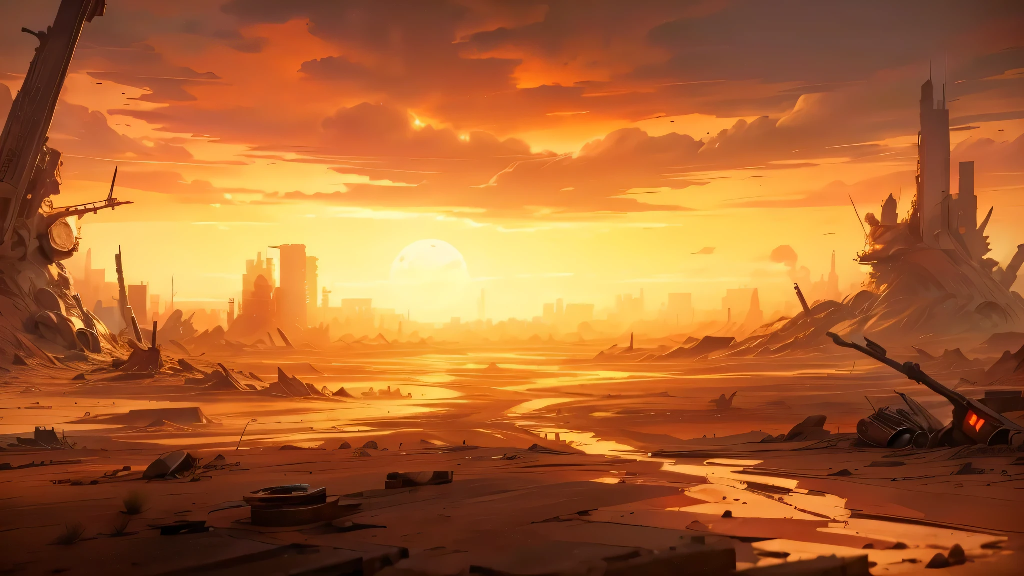 A painting of a desert landscape with a sunset in the background, Horrific scene,! End of the world scene!!, End of the world scene!!!!!, End of the world scene, End of the world scene, Apocalypse mode, deserted Wasteland, apocalyptic environment, fantasy apocalyptic environment, Apocalypse art, Wasteland, The end of the world after Earth, Environmental art concept, End of the world scene, Silphan Sarail, The anime landscape of Apocalypse City, Destroyed area, It's about to set