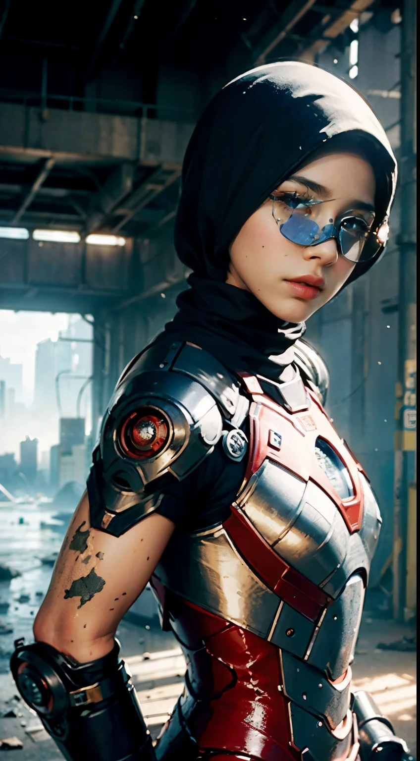 cyber punk malay Girl in hijab,(top-quality、8K、32K、masterpiece)、(The ultra -The high-definition)、(Photorealsitic:1.4), dynamic pose, cowboy shot, cyberpunk fashion,depth of fields, cyberpunk city background, cinematic lighting.