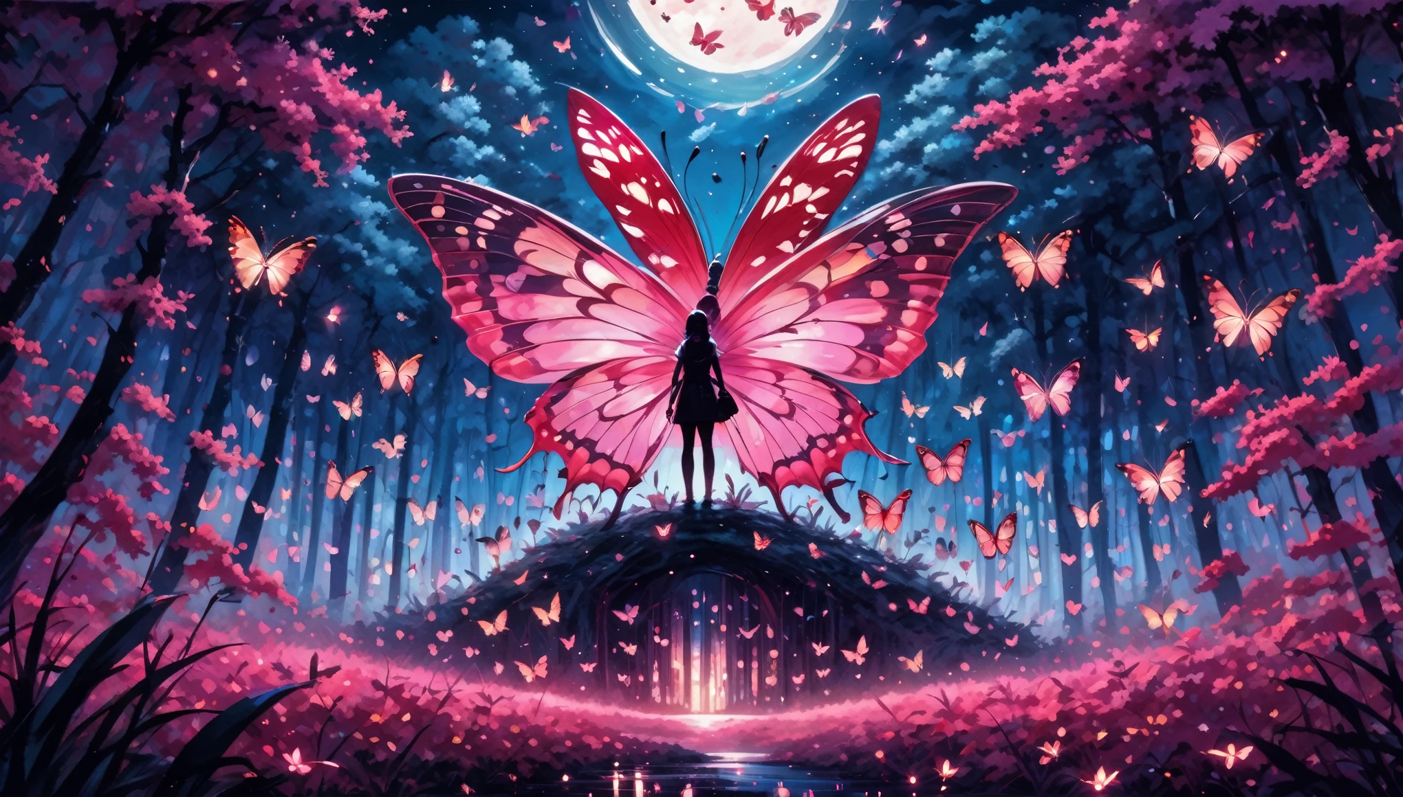 abstract paintings，Pink Forest，moonlit background，Fireflies surround a giant anthropomorphic red butterfly，Center composition，symetrical composition，Butterflies are the focal point，super wide shot，ultra high resolution，The background is blurred out，Caustics，Shadow emphasis，Fireflies are composed in a circular shape,pixllart