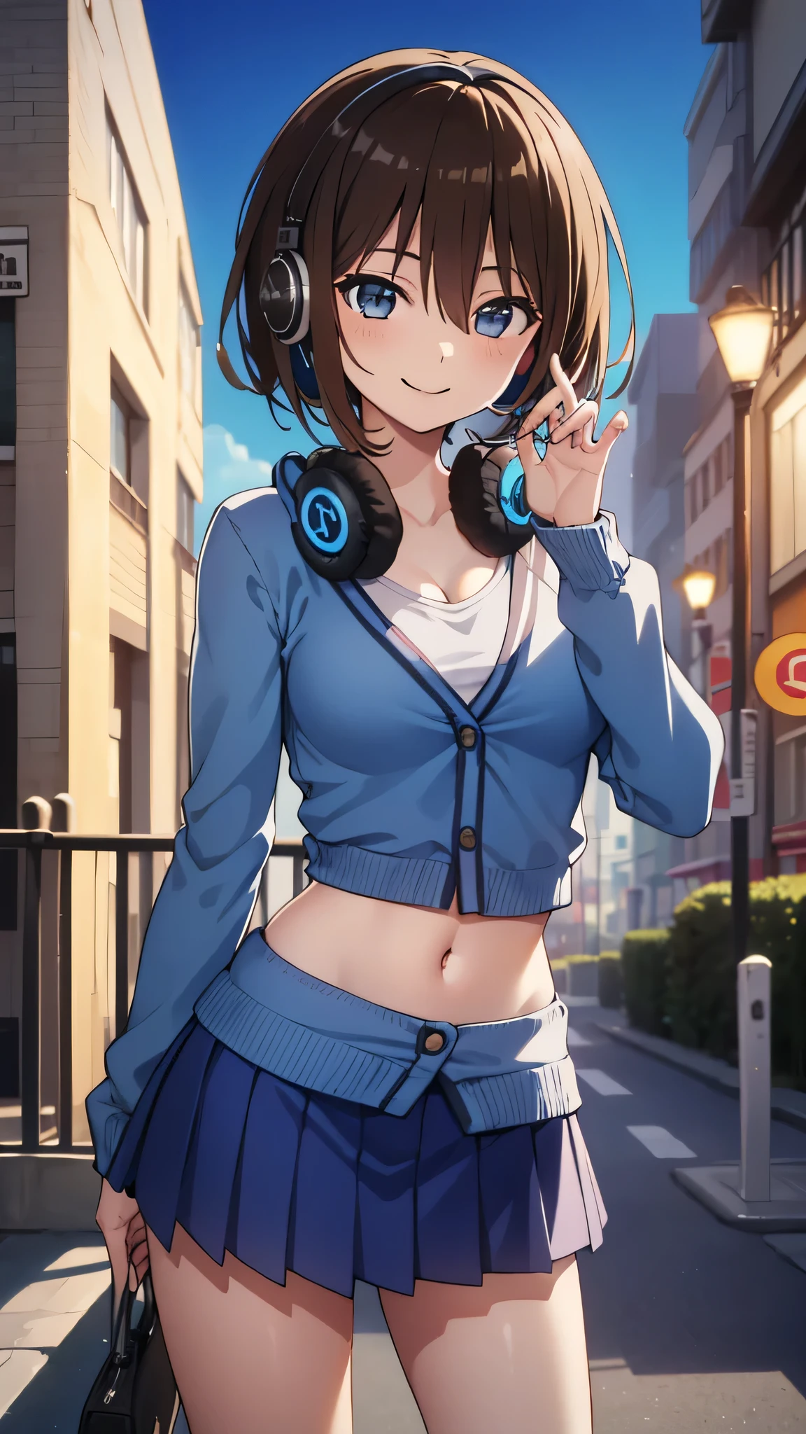 All intricate details step by step: "(2d, masterpiece, best quality, anime, highly detailed, 1girl, solo, cowboy shot, nakano miku, brown hair, hair between eyes, blue cardigan, headphones, Crop top , skirt, miniskirt, medium breasts, standing, , outdoors, smile, very sexy pose)"