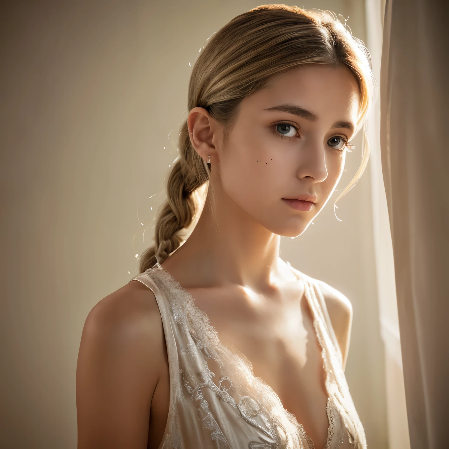 (highest quality, masterpiece:1.2), ultra high resolution, realistic, front light, intricate details, Exquisite detail and texture, 1 girl, alone ,(young), facial highlights, Upper body, detailed face, Tears mole, white skin, silver hair, ponytail, braid hair, looking at the viewer, Big eyes, silk robe, (hollow pattern, white, silk), earrings, small breasts, Because I'm slender, luxury room, professional lighting, photon mapping, radio city, Physically based rendering,
