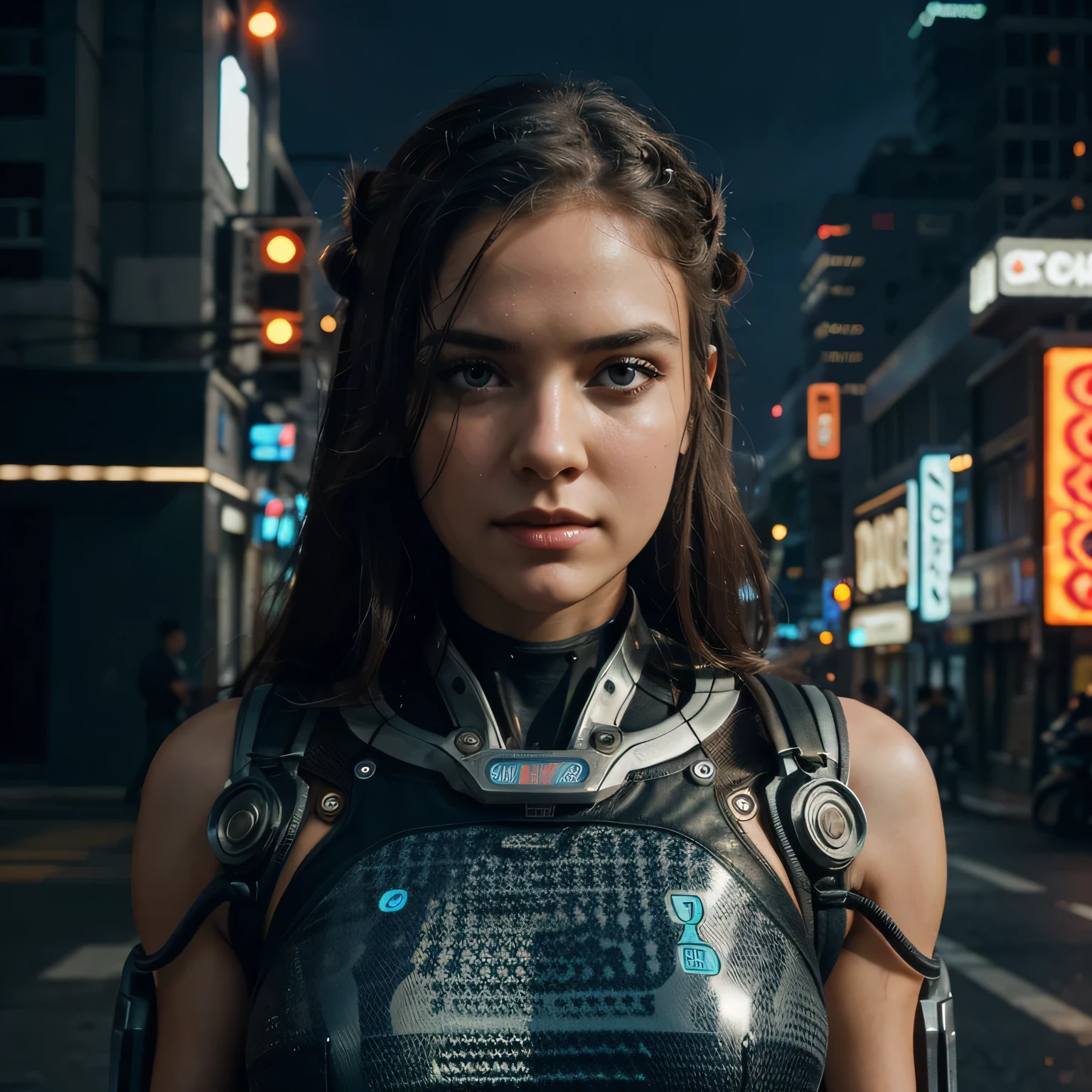 Albanian, girl, long brown hair, blue eyes, ((beautiful cybernetic girl)), ((mechanical limbs)), (blood vessels connected to tubes), (mechanical vertebrae), ((mechanical cervical attaching to neck)), (wires and cables attaching to neck:1.2), ((mass of wires and cables on head)), (character focus), (((dynamic pose))), ((cowboy shot)), (masterpiece), (((best quality))), ((ultra-detailed)), (highly detailed photorealistic CG illustration), cinematic lighting, science fiction, extremely detailed,colorful,highest detail, cyberpunk city background.