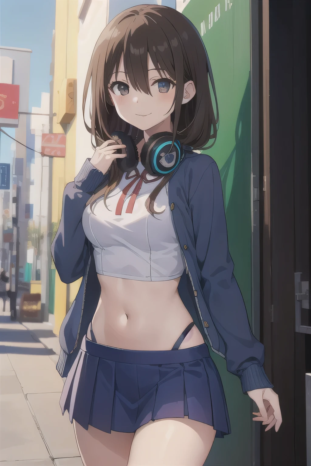 All intricate details step by step: "(2d, masterpiece, best quality, anime, highly detailed, 1girl, solo, cowboy shot, nakano miku, brown hair, hair between eyes, blue cardigan, headphones, Crop top ,  skirt, miniskirt, medium breasts, standing, firm breats, outdoors, smile, very sexy pose)"