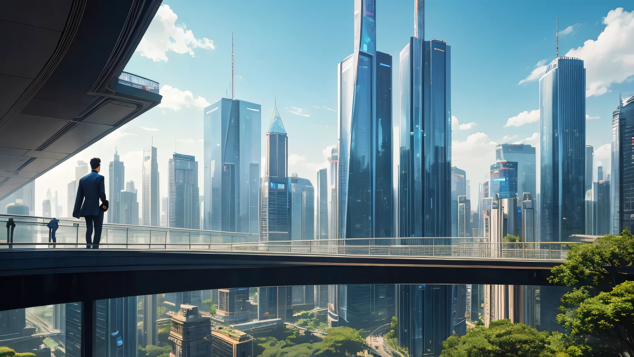 A captivating vision of a futuristic city unfolds before you., adornado con elegante, imposing buildings that pierce the sky with their metallic shine. The cityscape is a stunning combination of modern architecture and lush greenery., while exotic plants thrive in the warm climate, artificial lighting. The streets are full of wide walks., leading to large holographic billboards featuring vibrant advertisements. In this metropolis of tomorrow, Technology and nature coexist harmoniously.
While you explore this urban paradise, Take note of a seductive figure standing on a glass bridge that spans the length of one of the city's grandest structures..