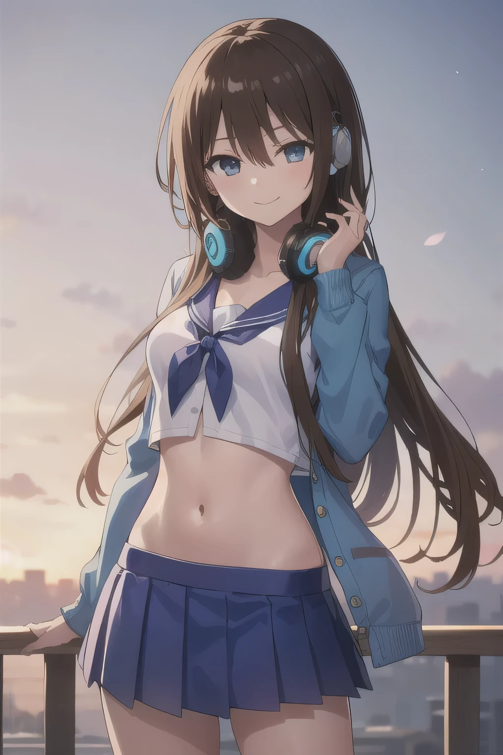 All intricate details step by step: "(2d, masterpiece, best quality, anime, highly detailed, 1girl, solo, cowboy shot, nakano miku, brown hair, hair between eyes, blue cardigan, headphones, Crop top ,  skirt, miniskirt, medium breasts, standing, firm breats, outdoors, smile, very sexy pose)"
