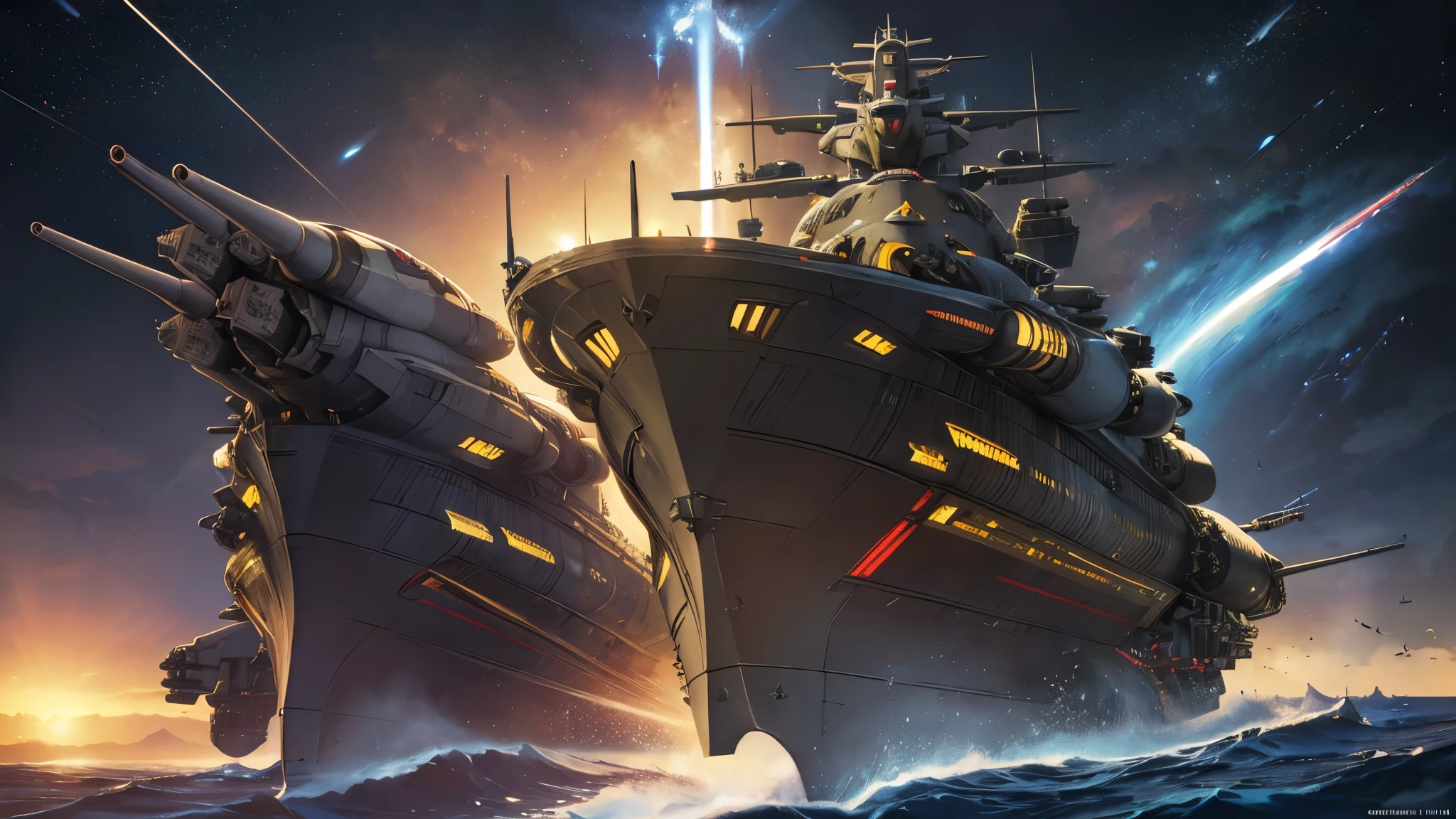 ((highest quality)),(ultra high resolution),(Super detailed),(detailed description),((best CG)),(best work of art),super precision art,amazing drawing art,(Sci-fi art with precise details:1.5), star々push through the gap,(streamlined space battleship:1.6), 機械で埋め尽くされた惑star,