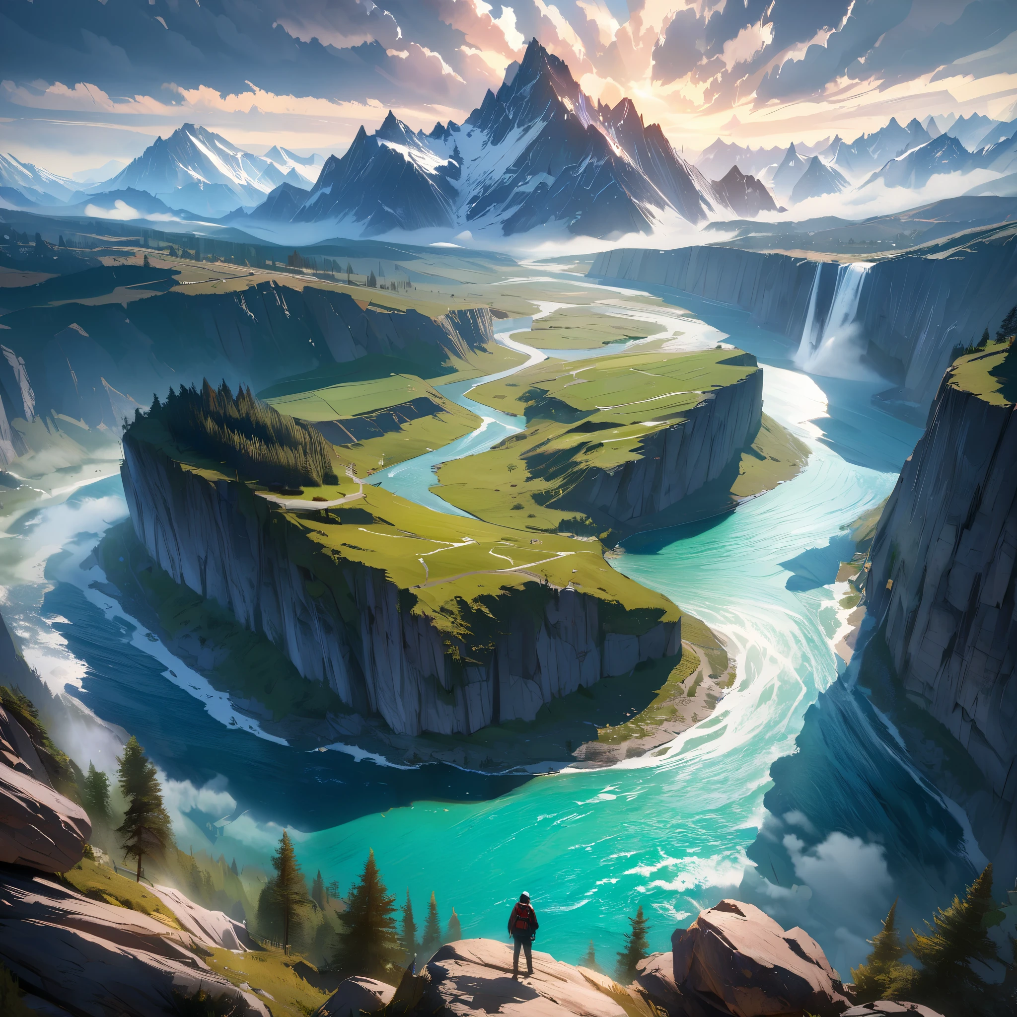 (best quality,4k,8k,highres,masterpiece:1.2),ultra-detailed,panoramic view,landscape,majestic mountains,flowing water,misty clouds,sky,trees,rocks,spectacular,nature,wide angle lens,realistic scenery,vivid colors,sharp focus,physically-based rendering,stunning vista