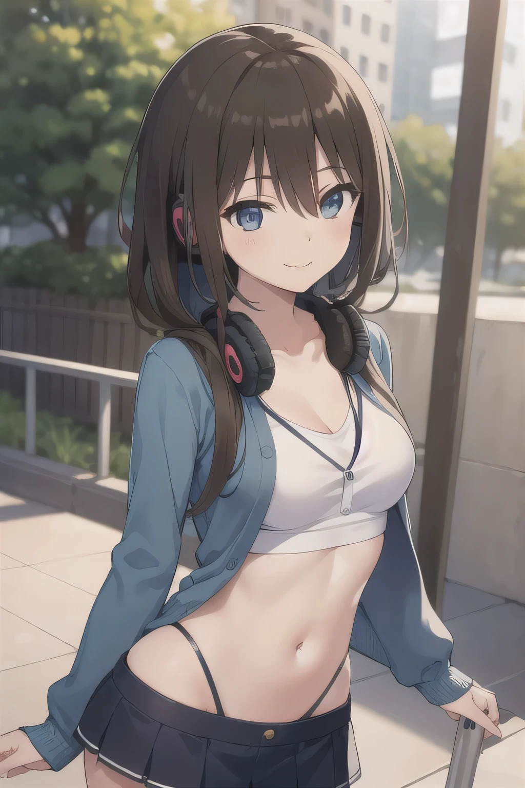 All intricate details step by step: "(2d, masterpiece, best quality, anime, highly detailed, 1girl, solo, cowboy shot, nakano miku, brown hair, hair between eyes, blue cardigan, headphones, Crop top, cowboy miniskirt, medium breasts, standing, firm breats, outdoors, smile, very sexy posecara coqueta y seductora, random angle view)"