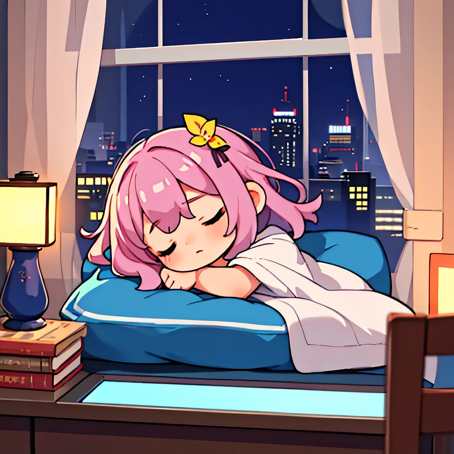 sleeping girl。City lights outside the window、the room is dark