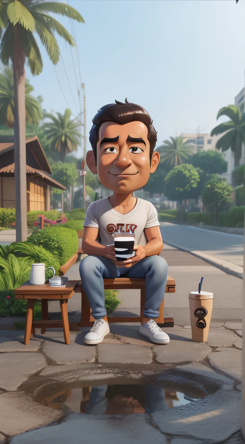 arafed man sitting on a bench with a cup of coffee, in cartoon style, realistic cartoon, inspired by Rudy Siswanto, 3 d artist, for hire 3d artist, caricature style, 3d portrait, cartoon portrait, potrait, 3 d cartoon, caricature illustration, cartoon character, cartoon artstyle, 3d character realistic, cartoon digital art