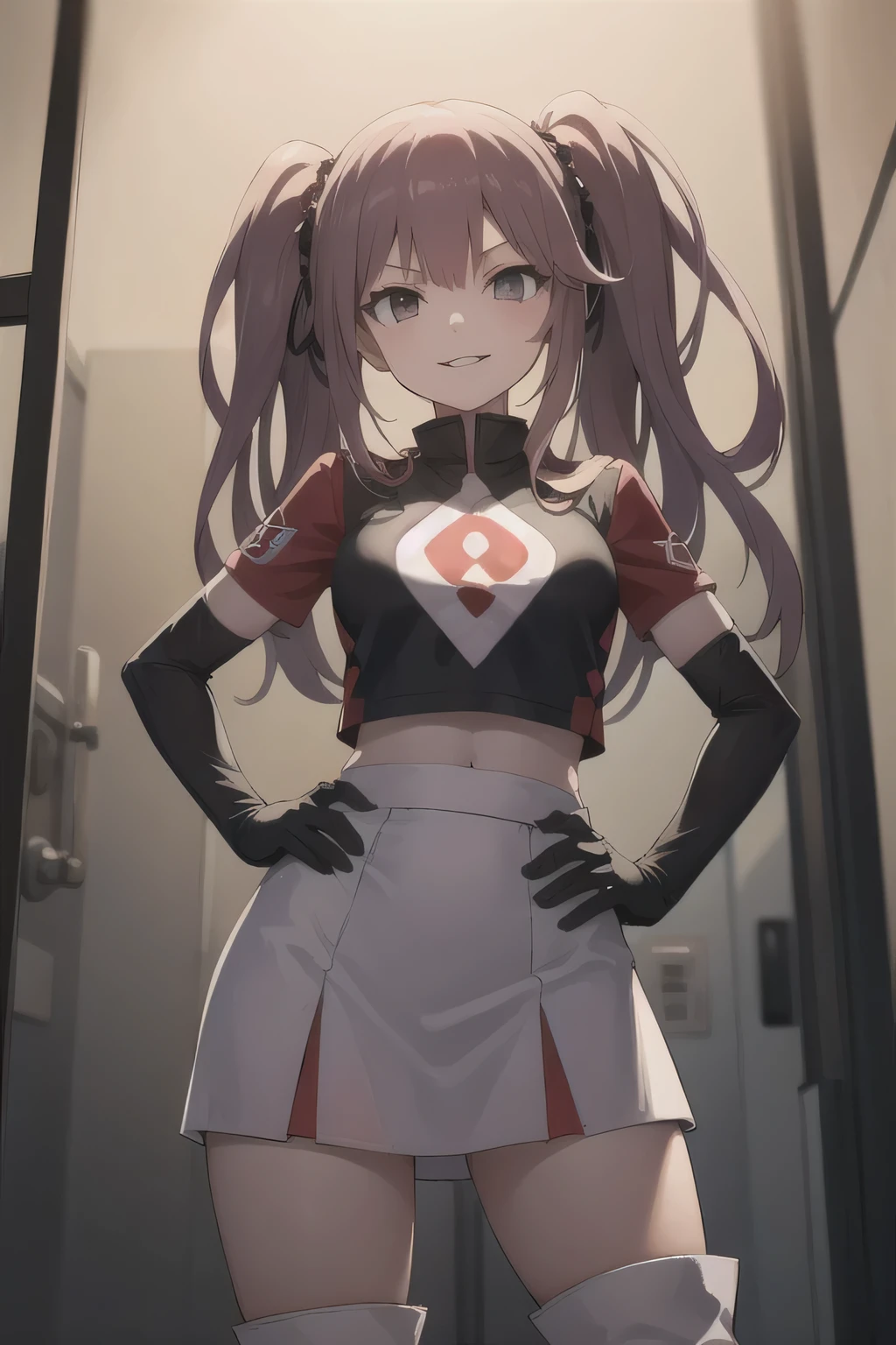 junko enoshima, glossy lips ,team rocket,team rocket uniform, red letter R, white skirt,white crop top,black thigh-high boots, black elbow gloves , looking at viewer, evil smile, hands on hips