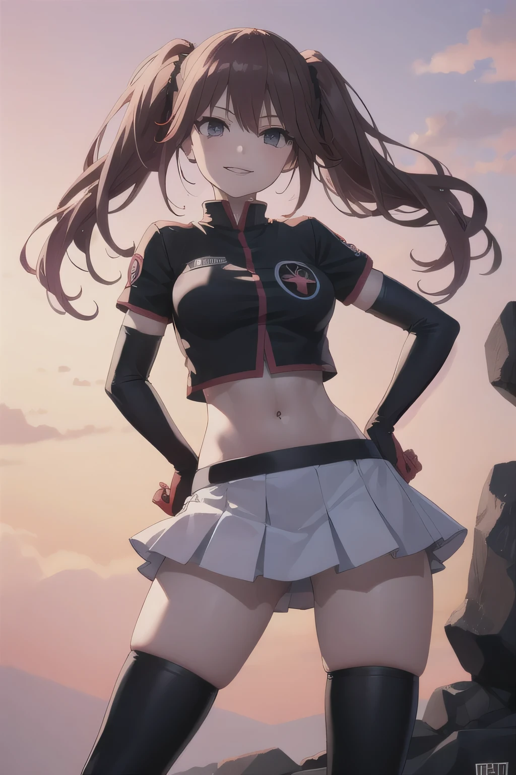 junko enoshima, glossy lips ,team rocket,team rocket uniform, red letter R, white skirt,white crop top,black thigh-high boots, black elbow gloves , looking at viewer, evil smile, hands on hips