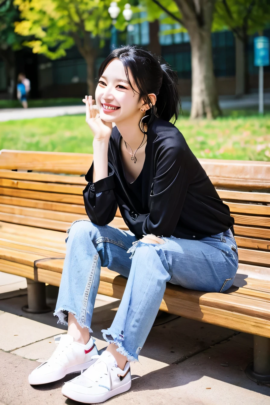 A neat and beautiful woman sitting on a park bench、black hair、long sleeve blouse、ear piercing、skinny denim、sneakers、smile。、beautiful teeth、full body photo